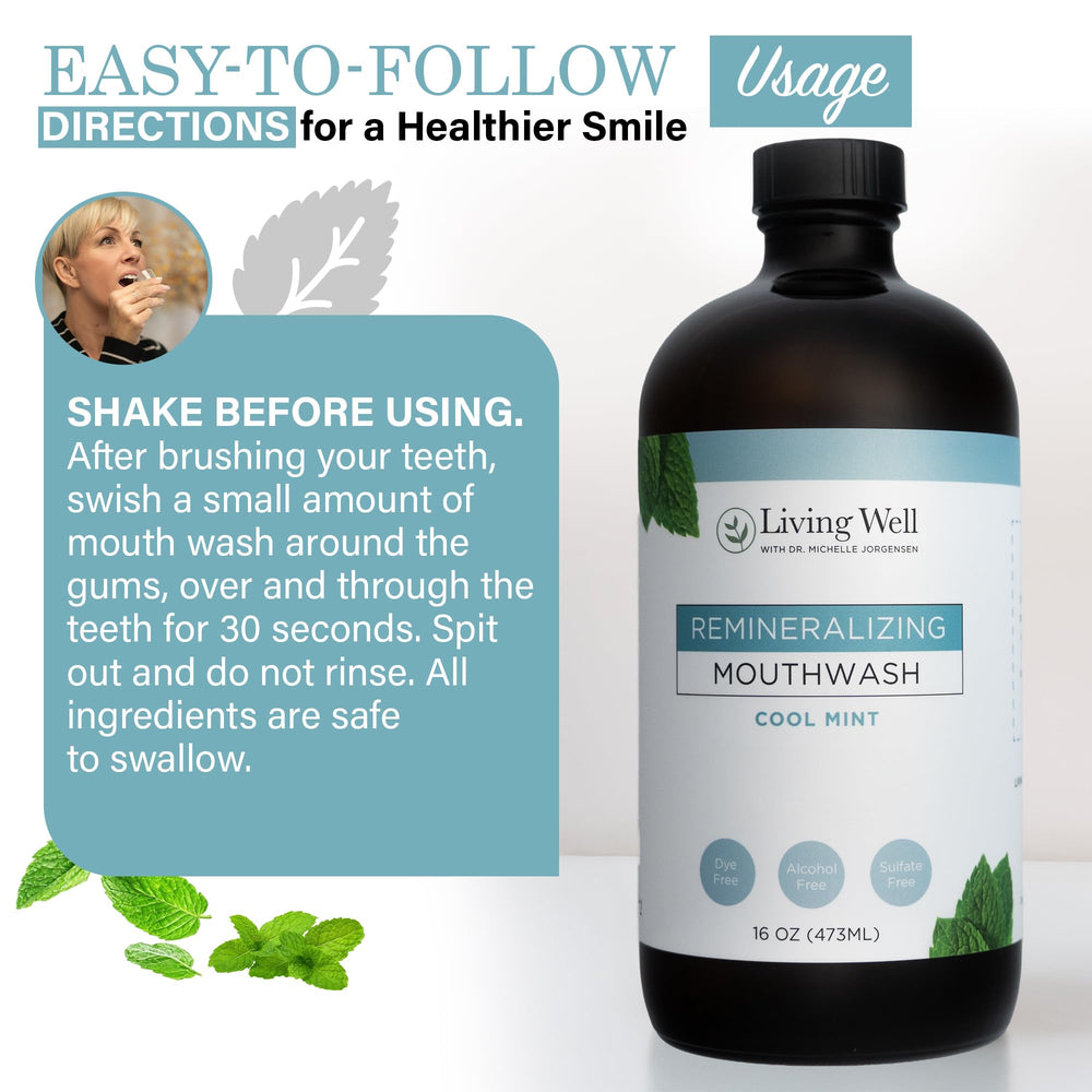Living Well with Dr. Michelle Cool Mint Mouthwash for family use promotes daily oral wellness.