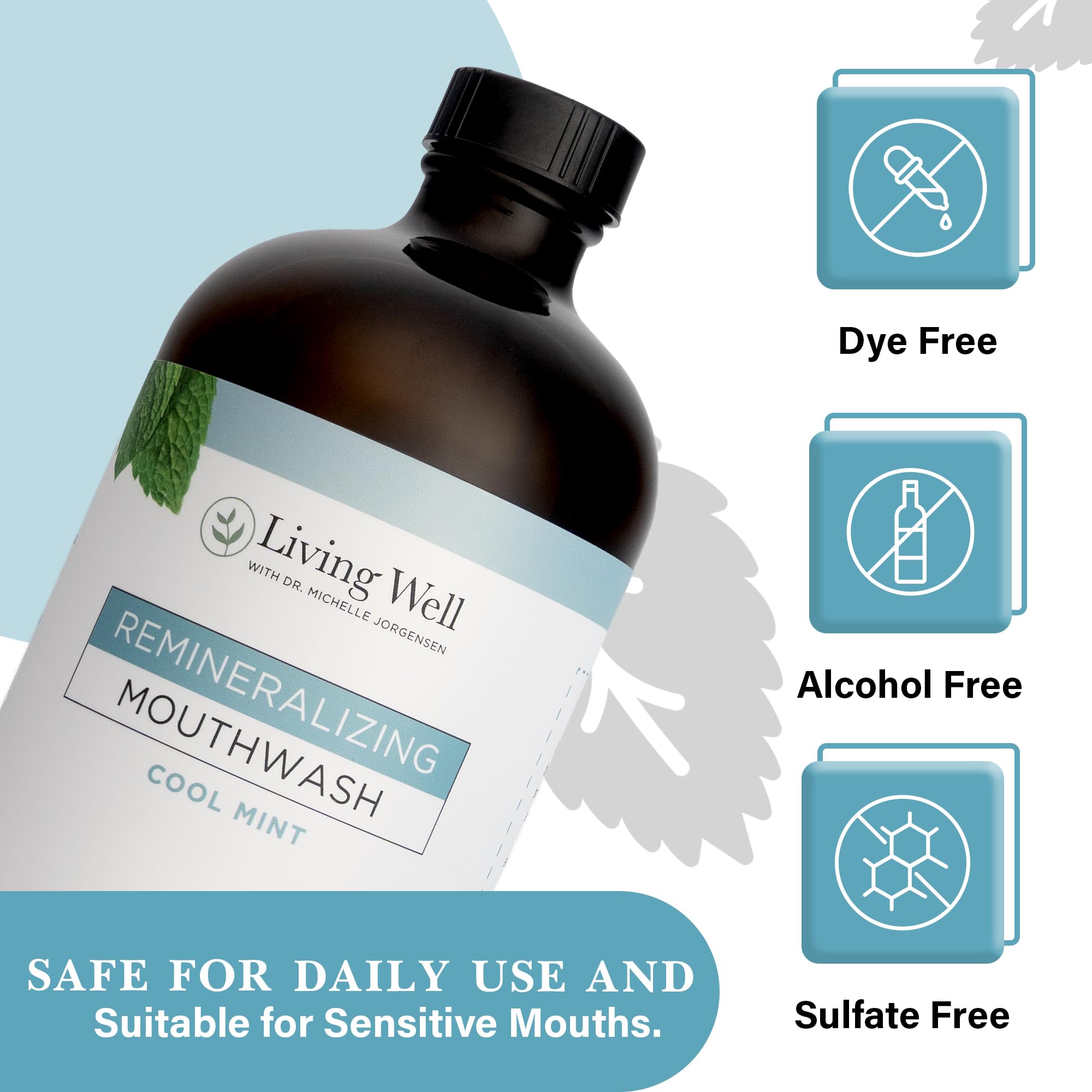 Living Well with Dr. Michelle Cool Mint Mouthwash in hand signals refreshing breath support.