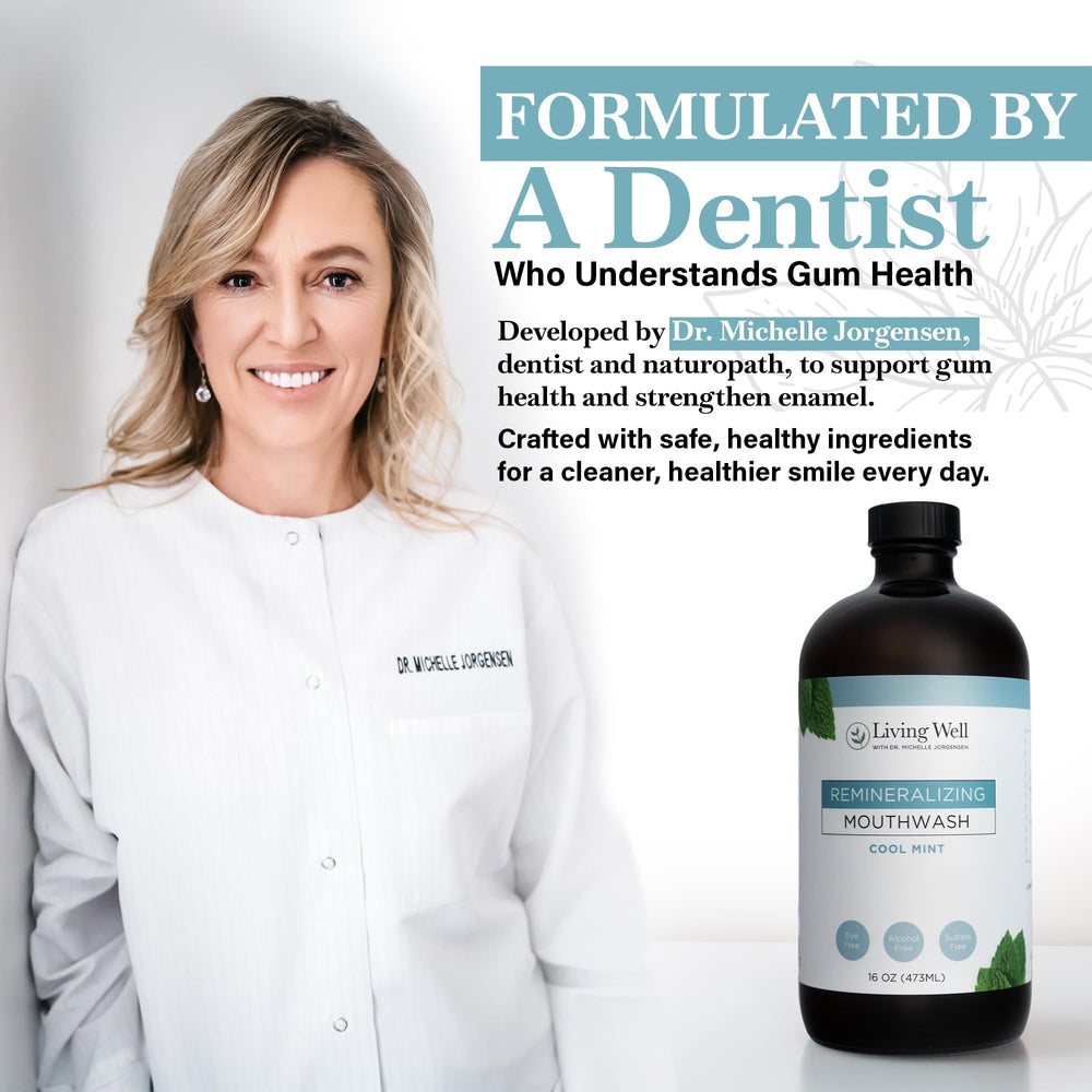 Living Well with Dr. Michelle Cool Mint Mouthwash ingredients list includes hydroxyapatite and silver.