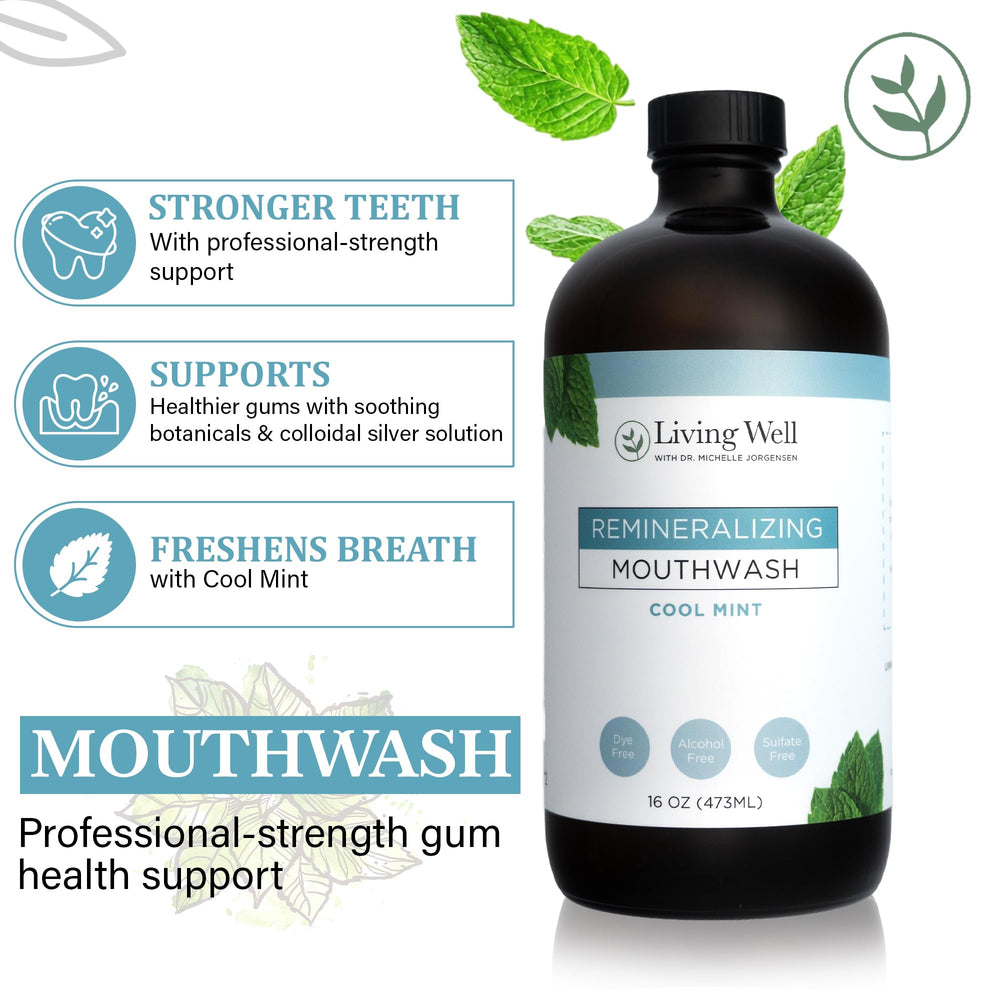 Living Well with Dr. Michelle Cool Mint Mouthwash label features safe natural ingredients.