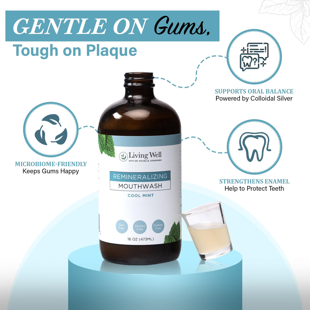 Living Well with Dr. Michelle Cool Mint Mouthwash pour shows alcohol-free formula in use.