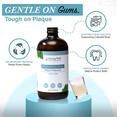 Living Well with Dr. Michelle Cool Mint Mouthwash pour shows alcohol-free formula in use.
