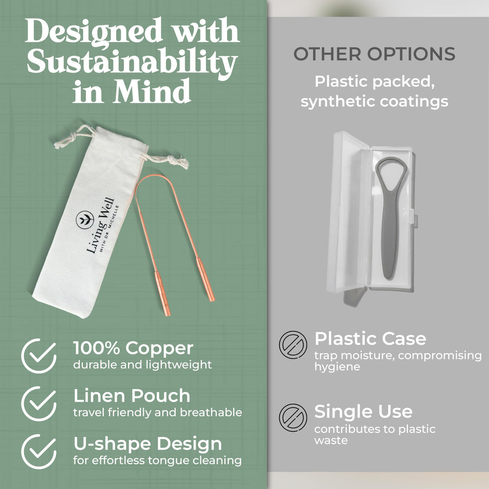 Living Well with Dr. Michelle copper tongue scraper in use for gentle cleaning