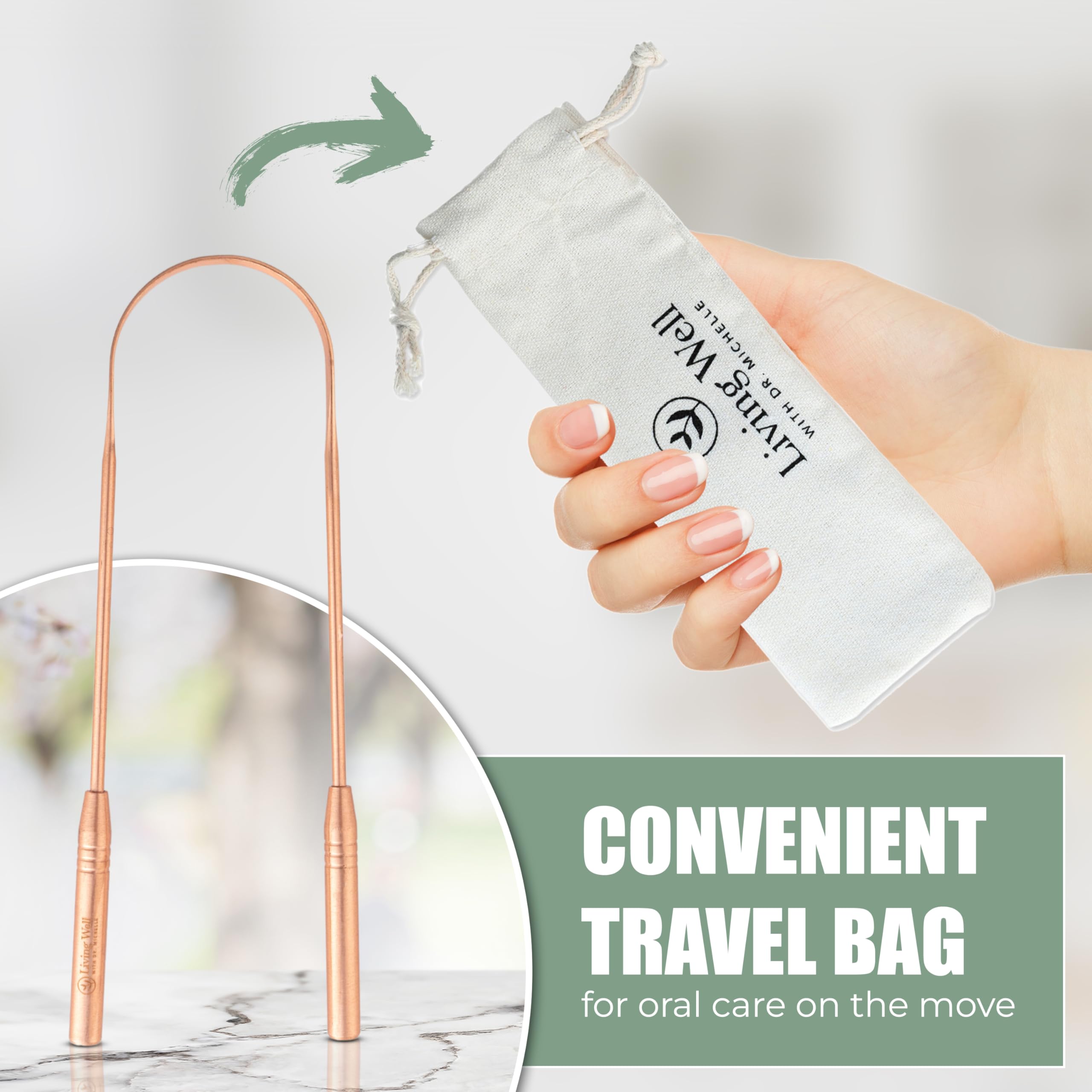 Living Well with Dr. Michelle copper tongue scraper with travel bag for on-the-go care