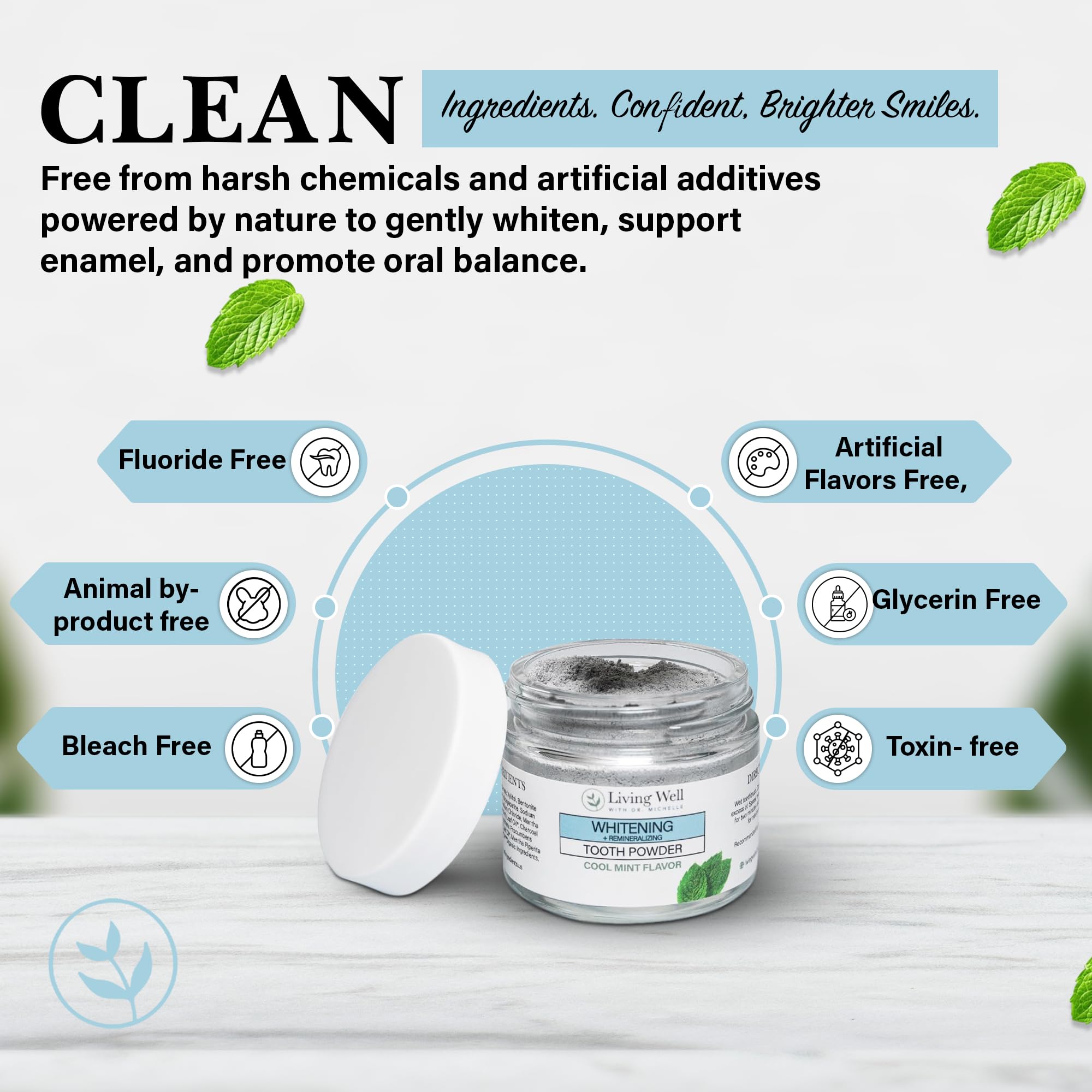 Living Well with Dr. Michelle enamel-friendly daily powder designed for gentle cleansing