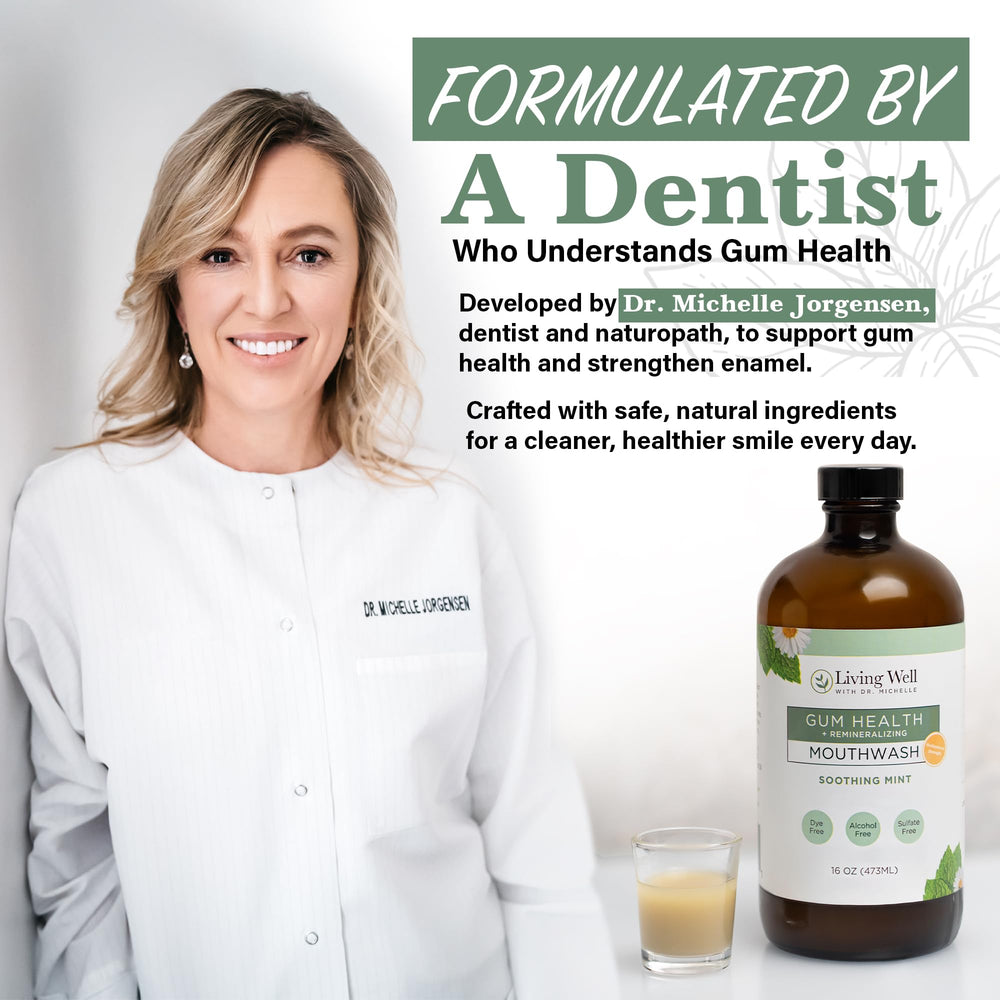 Living Well with Dr. Michelle minty mouthwash conveys gum-friendly daily care
