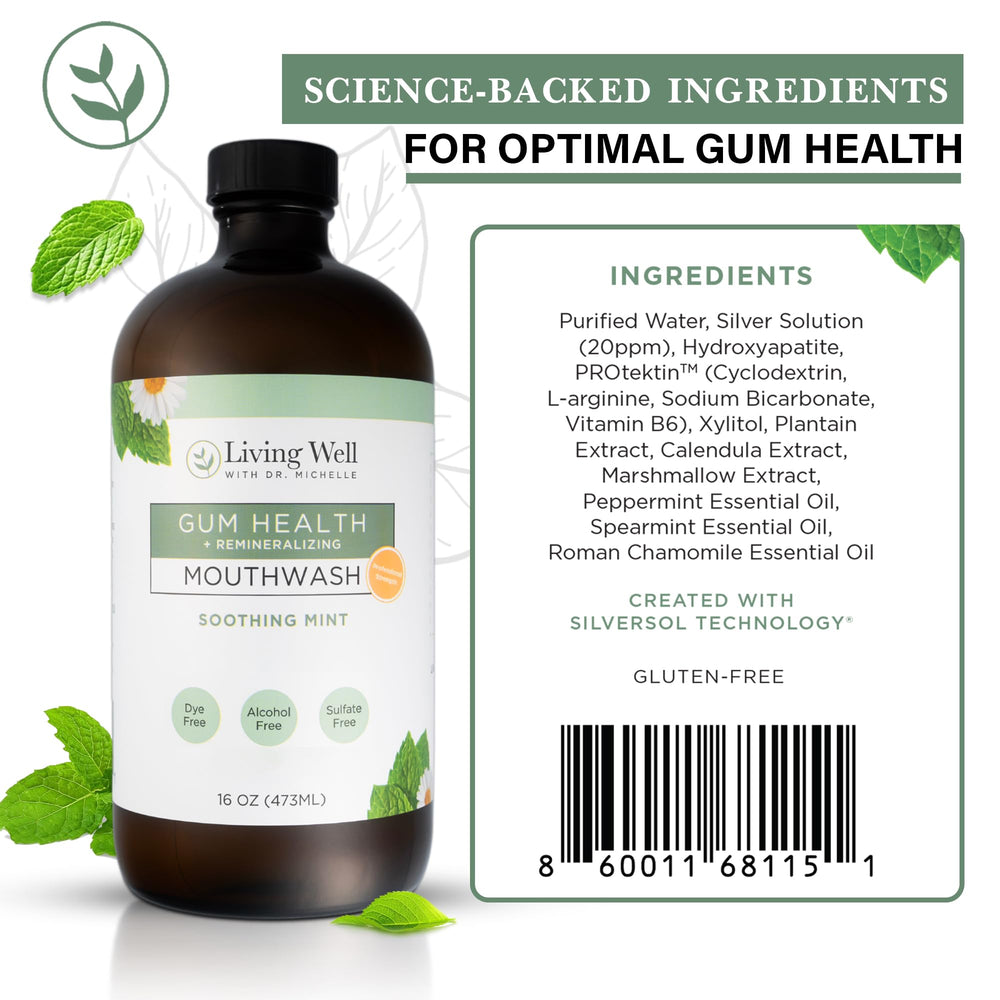 Living Well with Dr. Michelle packaging emphasizes alcohol-free and fluoride-free formula