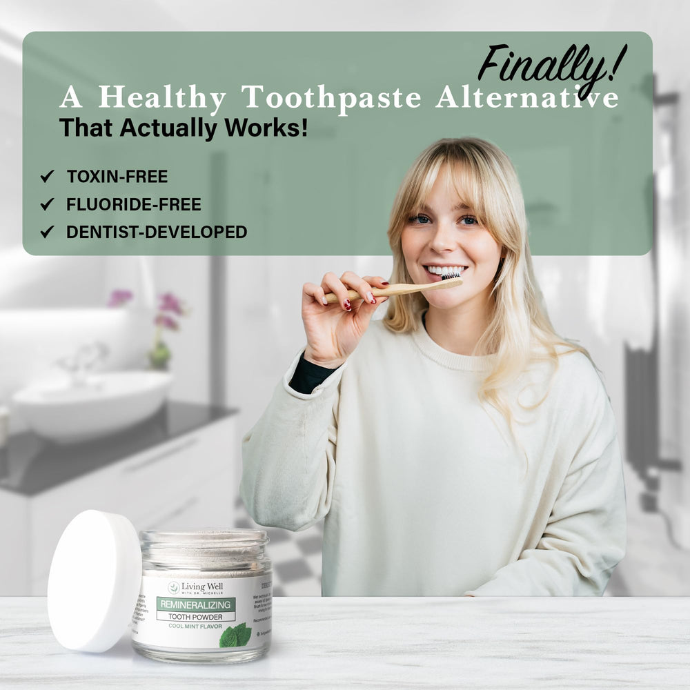 Cool mint scent hint visible on Living Well with Dr. Michelle Remineralizing Tooth Powder.