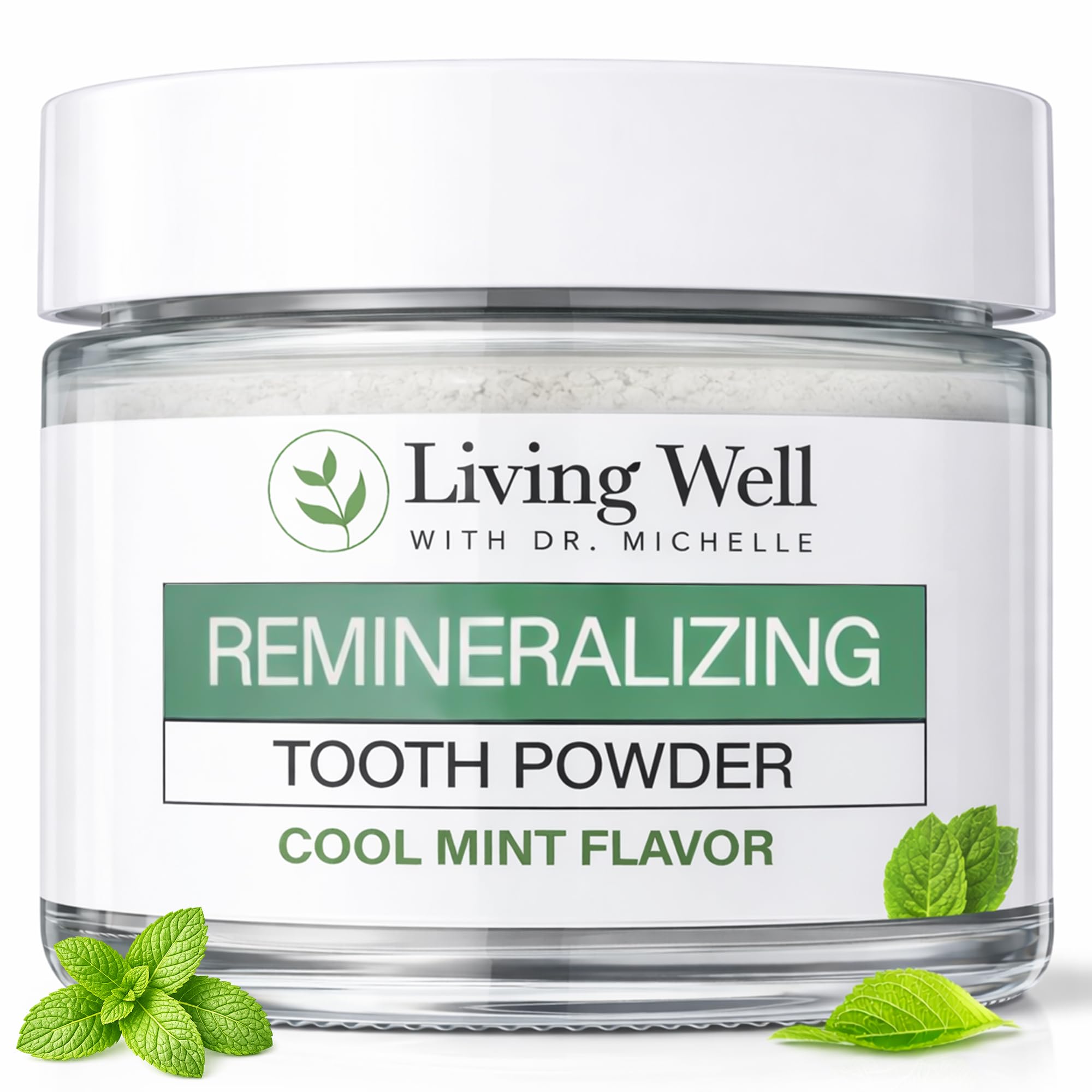 Living Well with Dr. Michelle Remineralizing Tooth Powder jar shows enamel-supporting formula and mint freshness.