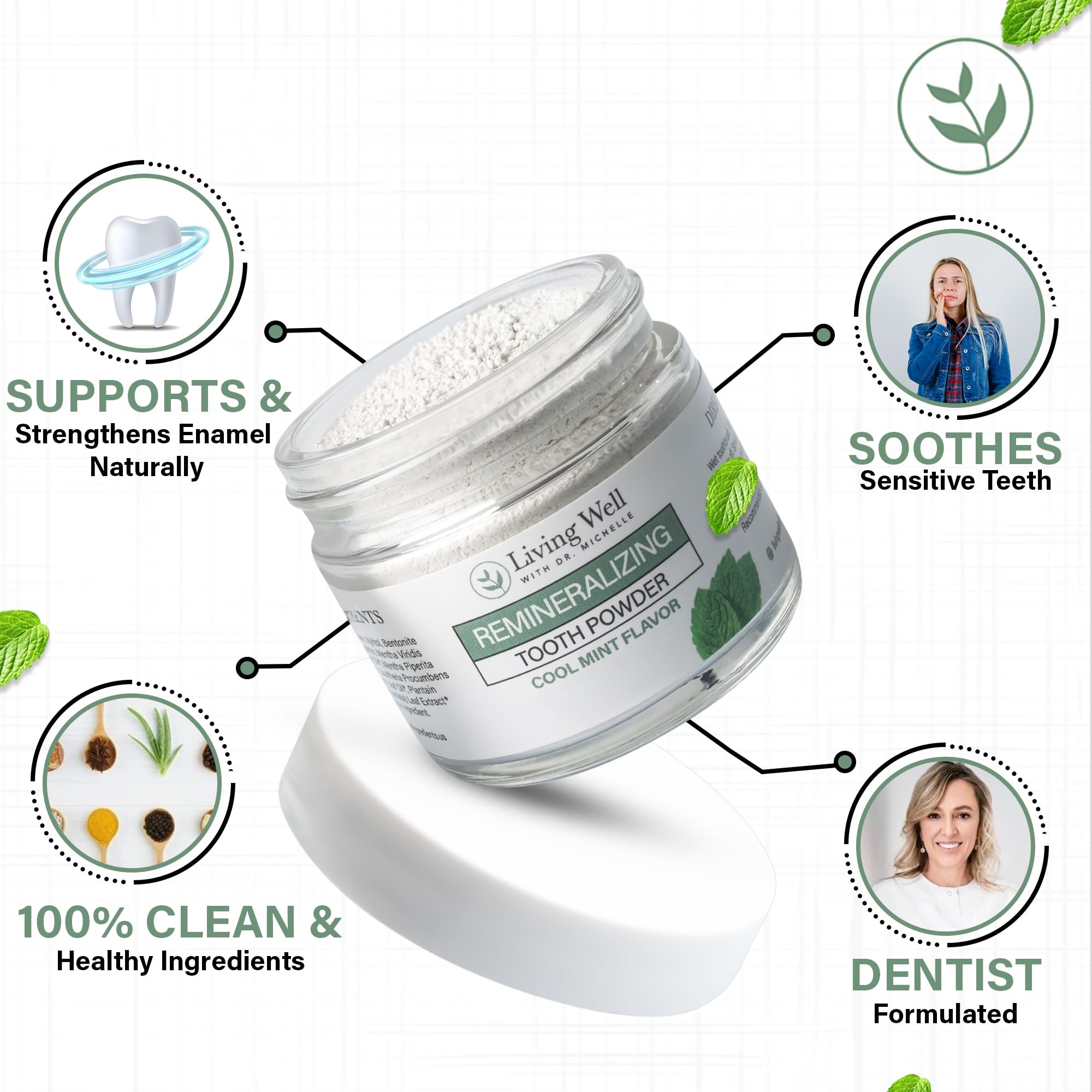 Closeup of the label on Living Well with Dr. Michelle Remineralizing Tooth Powder packaging.
