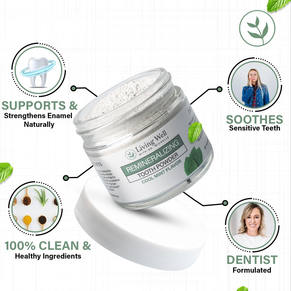 Closeup of the label on Living Well with Dr. Michelle Remineralizing Tooth Powder packaging.