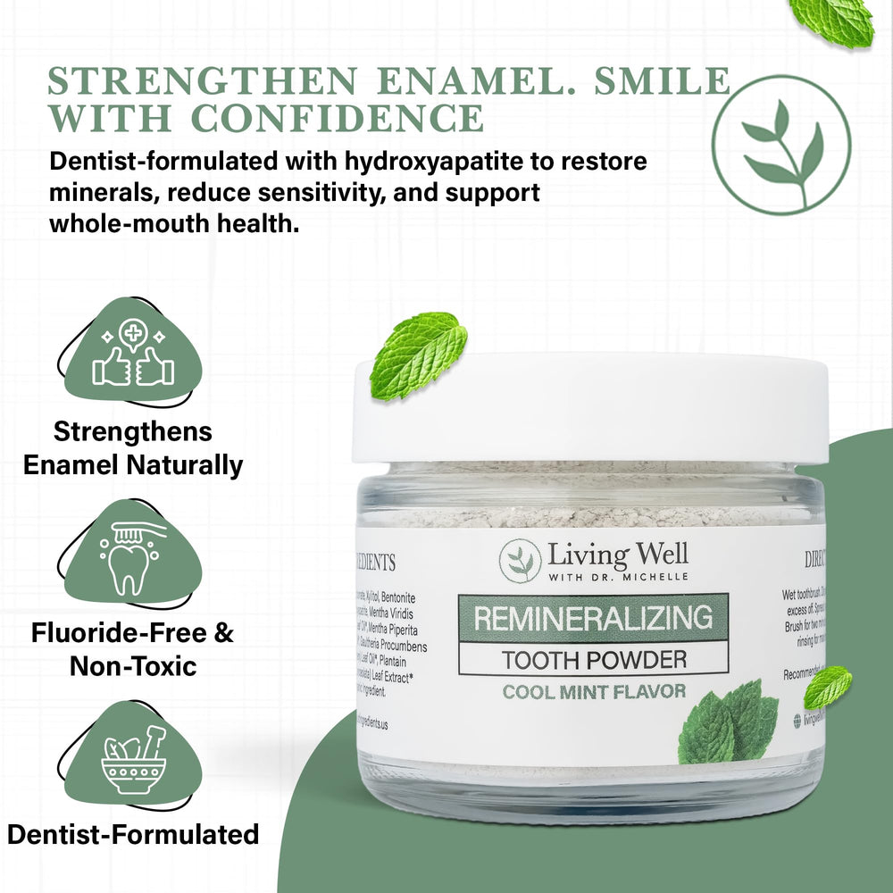 Packaging side view of Living Well with Dr. Michelle Remineralizing Tooth Powder.