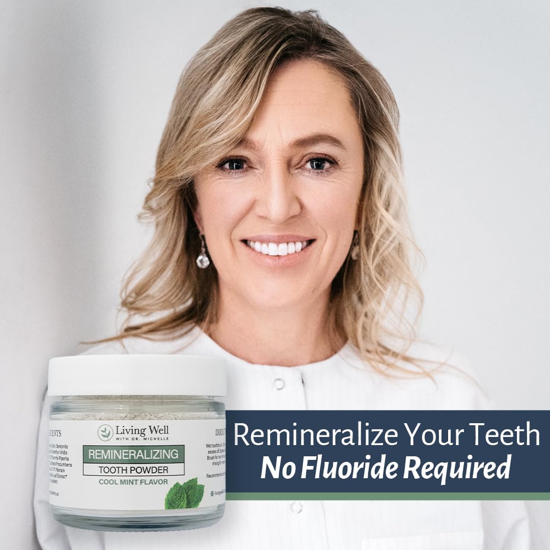 Powder dispersion captured for Living Well with Dr. Michelle Remineralizing Tooth Powder.