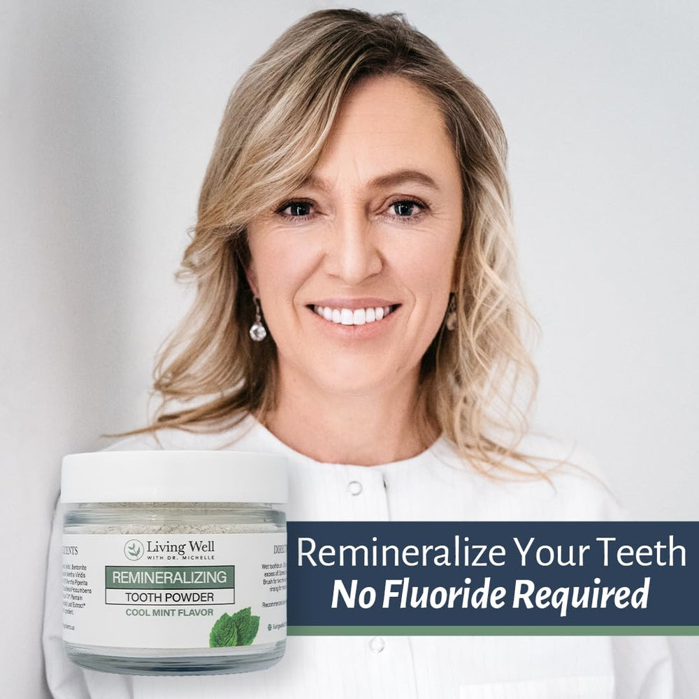 Powder dispersion captured for Living Well with Dr. Michelle Remineralizing Tooth Powder.