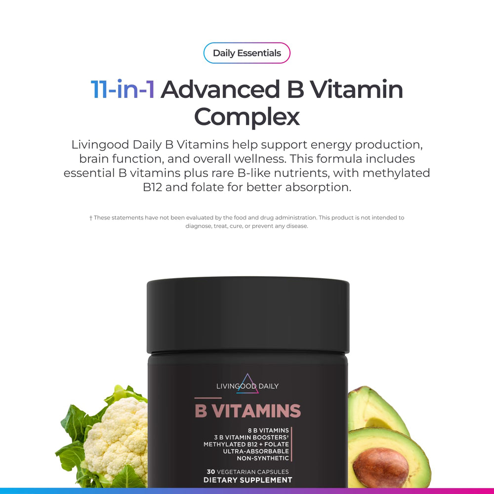 Livingood Daily B Complex capsule closeup, easy-to-swallow vegan capsules