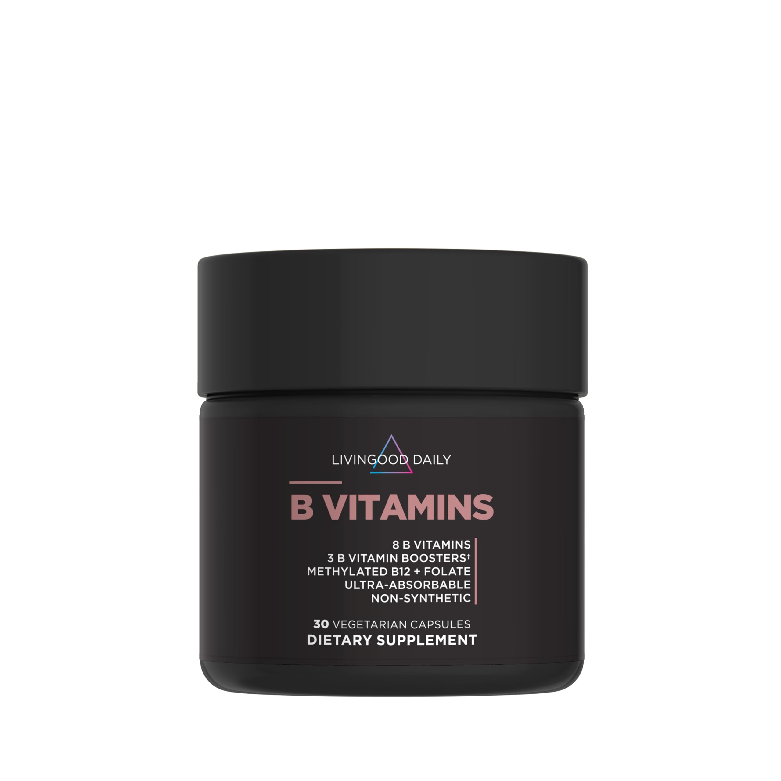 Livingood Daily B Complex bottle front, vegan B vitamins for daily wellness