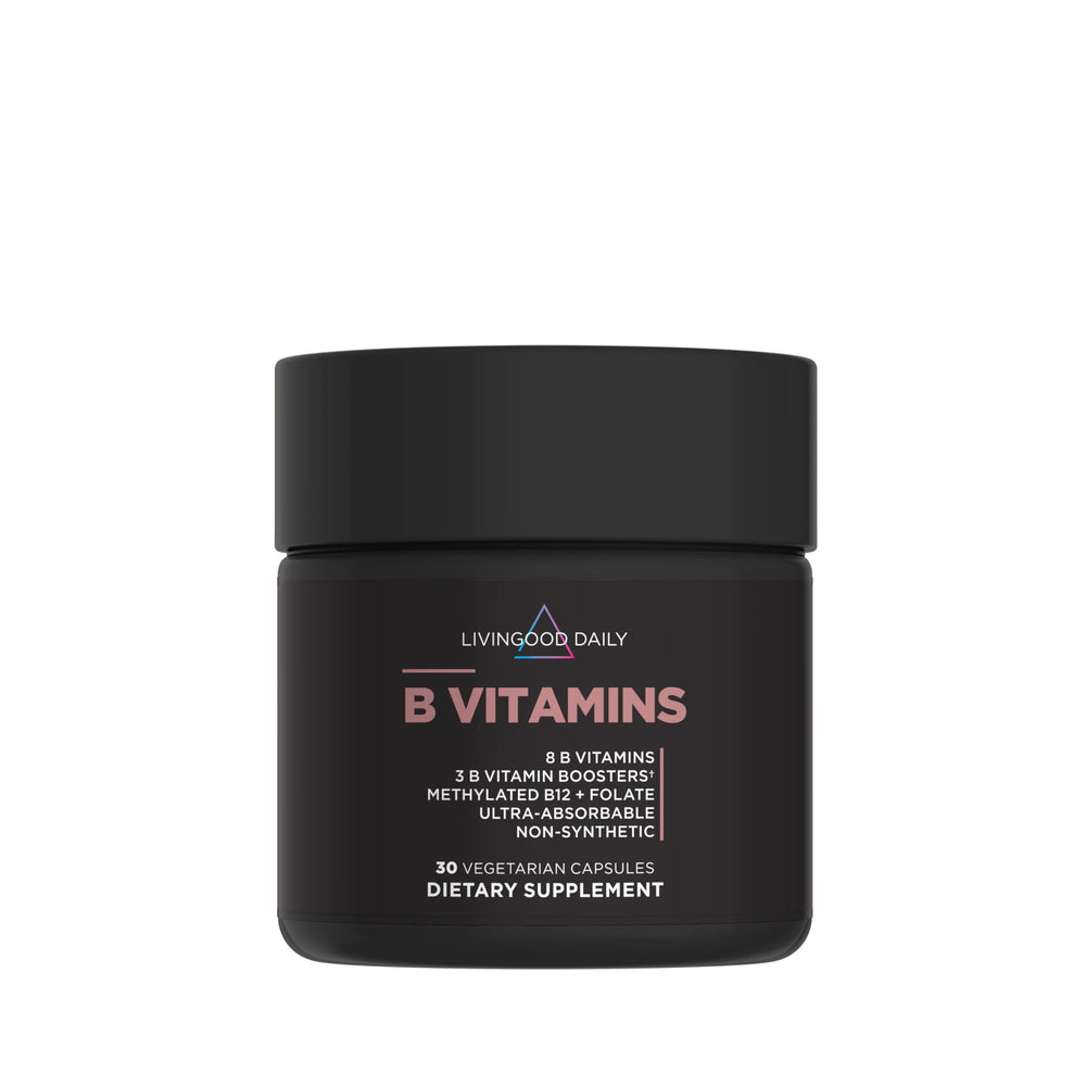 Livingood Daily B Complex bottle front, vegan B vitamins for daily wellness
