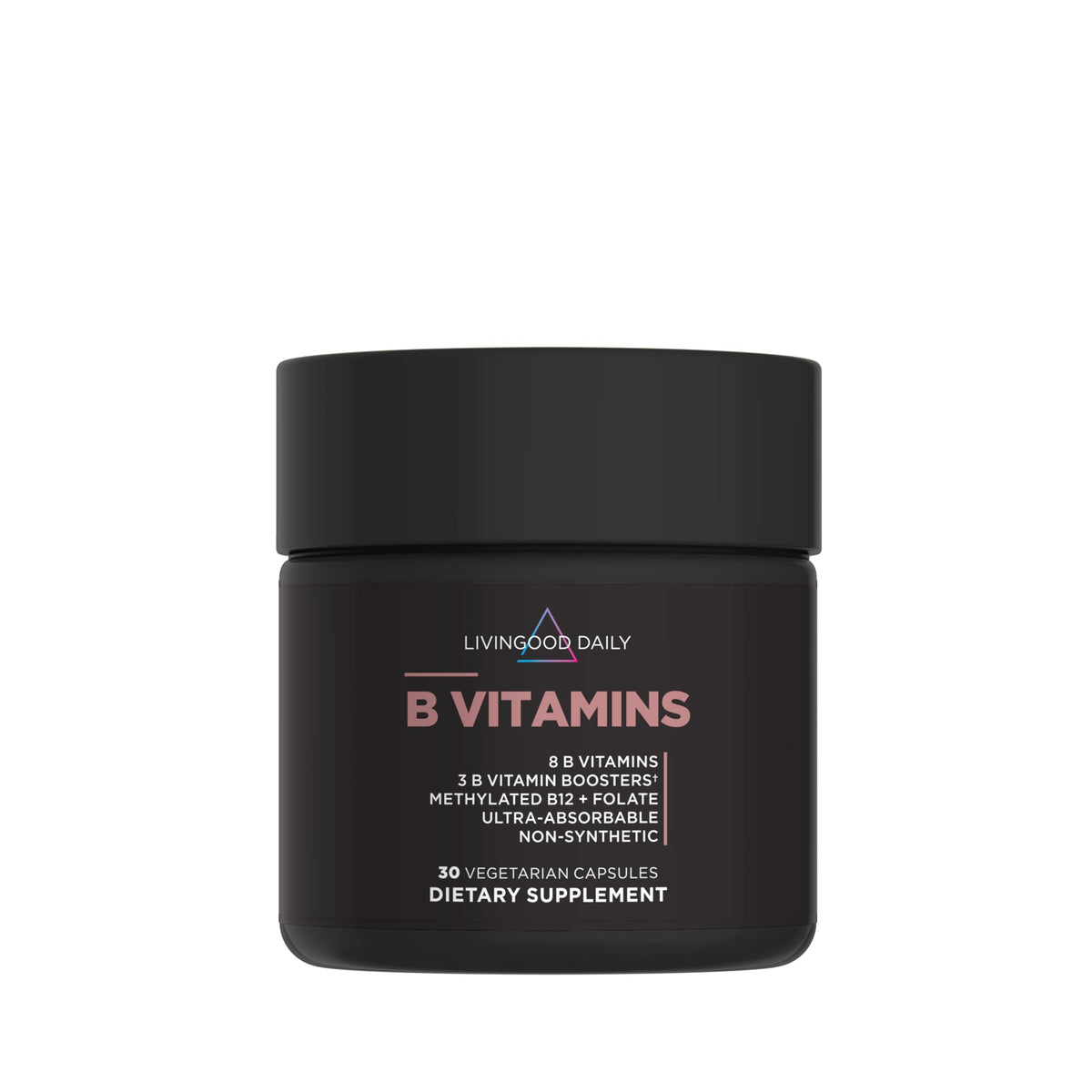 Livingood Daily B Complex bottle front, vegan B vitamins for daily wellness