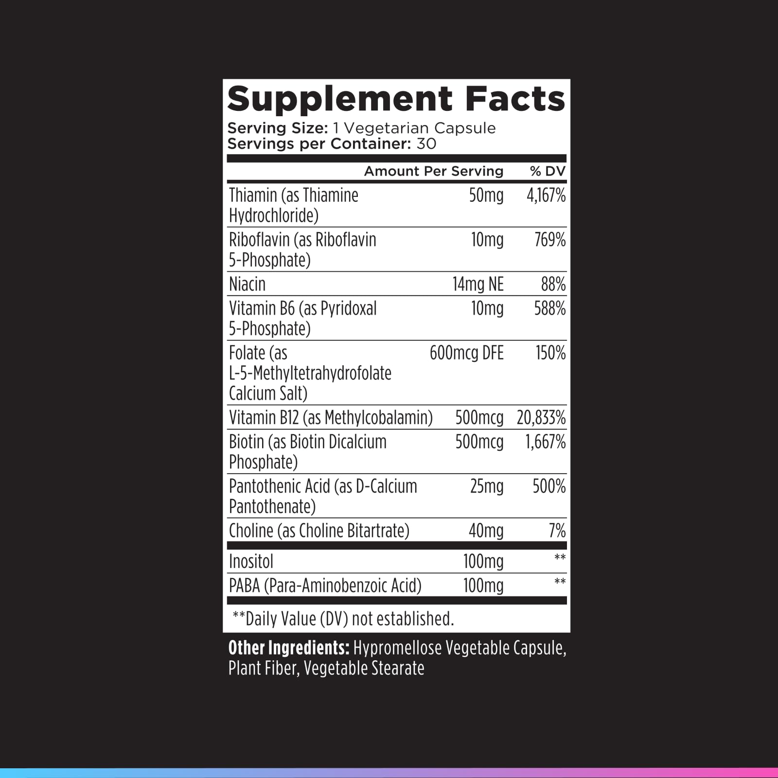 Livingood Daily B Complex label info, transparent ingredient list