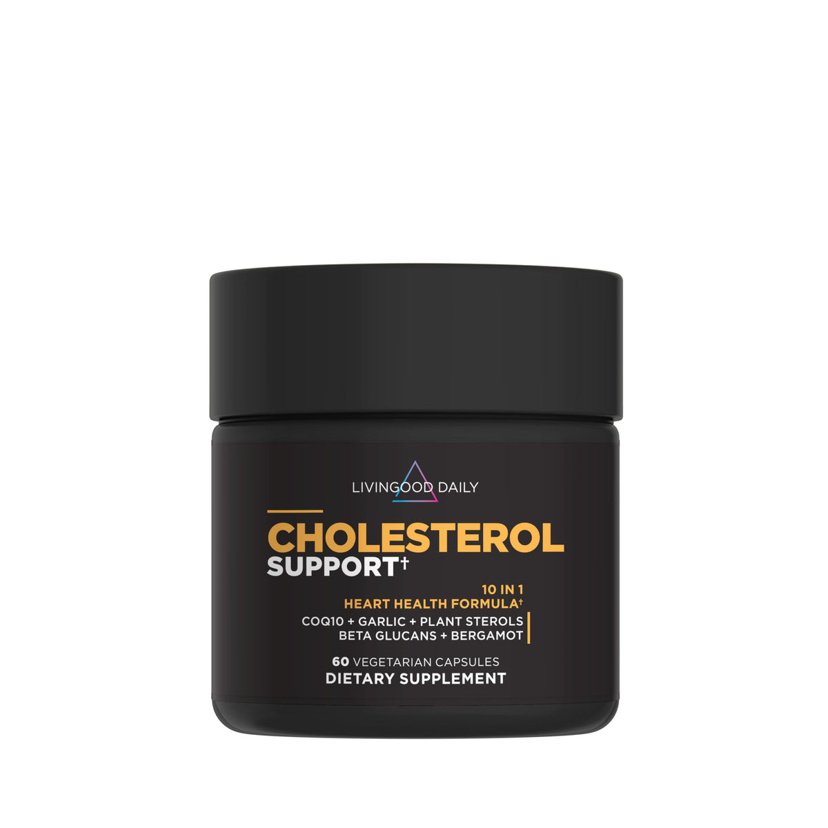 Livingood Daily Cholesterol Support bottle and capsules illustrating heart health support.