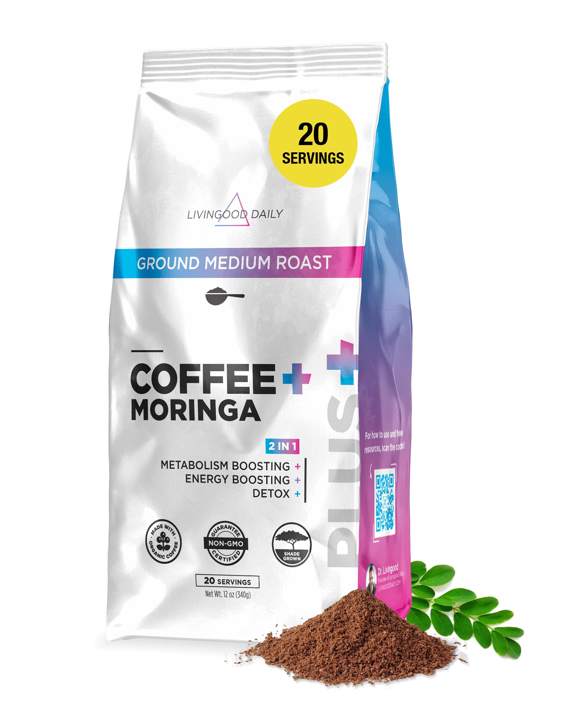 Livingood Daily Coffee with Moringa bag front, organic shade-grown beans for clean mornings.