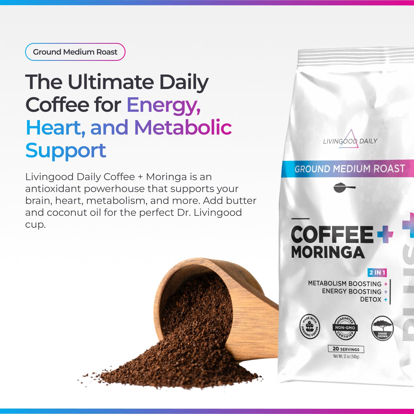 Livingood Daily Coffee with Moringa cup pouring, rich aroma and smooth finish.