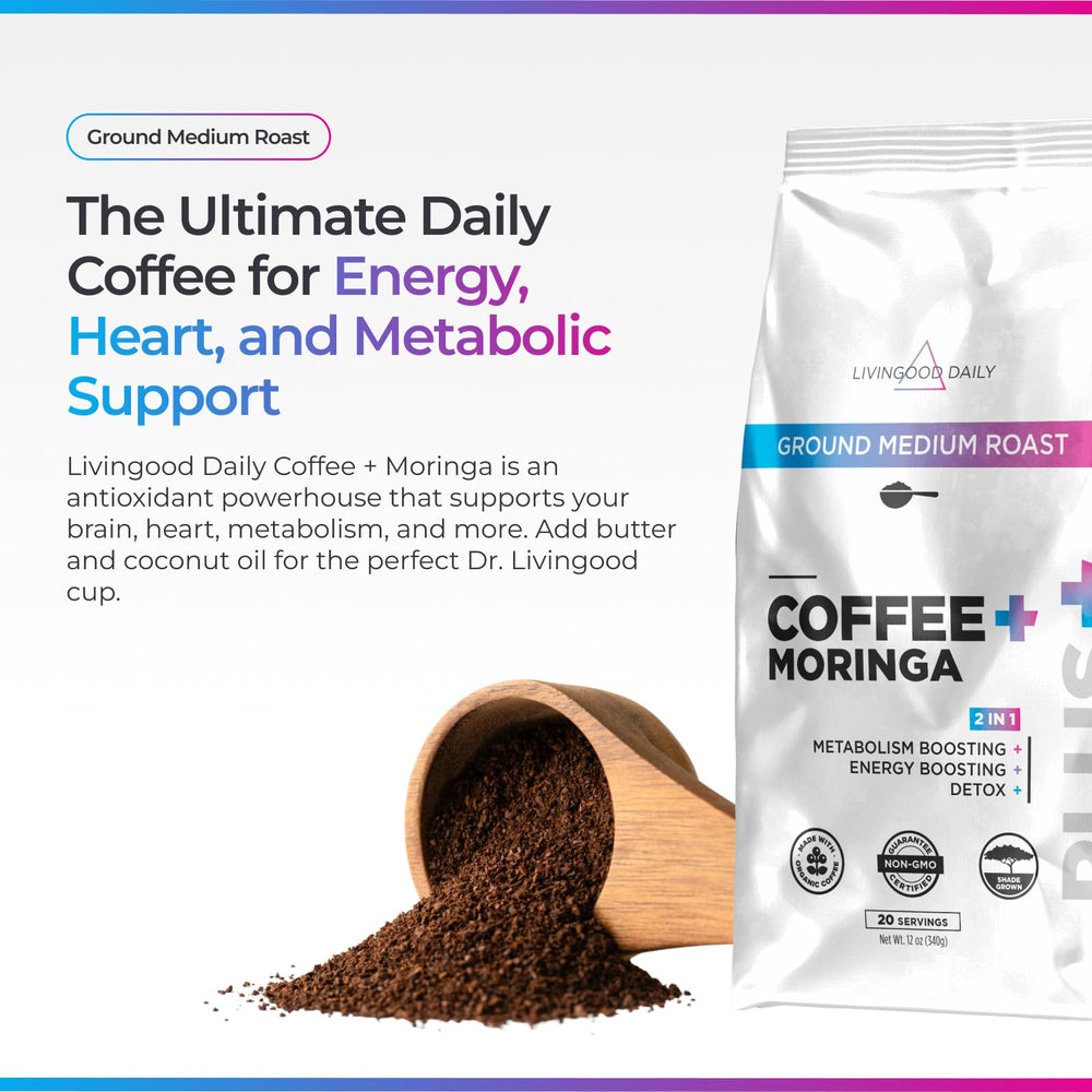 Livingood Daily Coffee with Moringa cup pouring, rich aroma and smooth finish.