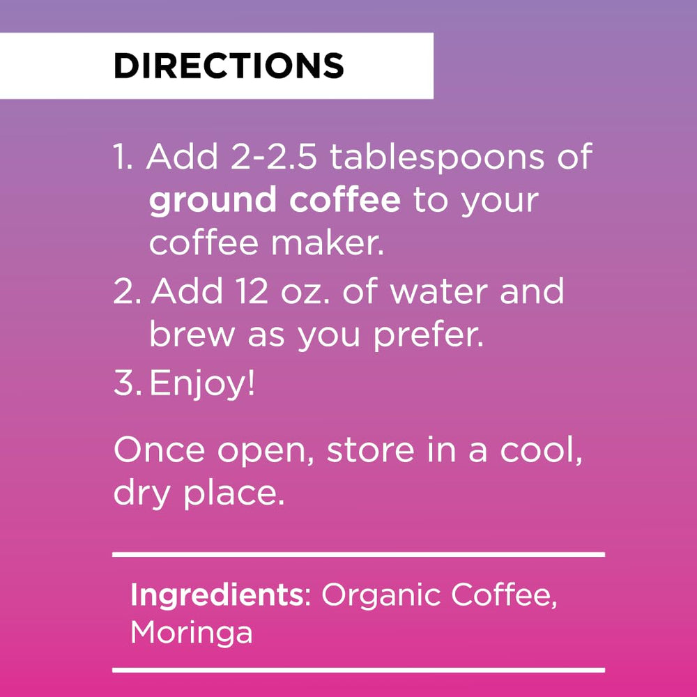 Travel-mug ready Livingood Daily Coffee with Moringa for on-the-go energy.