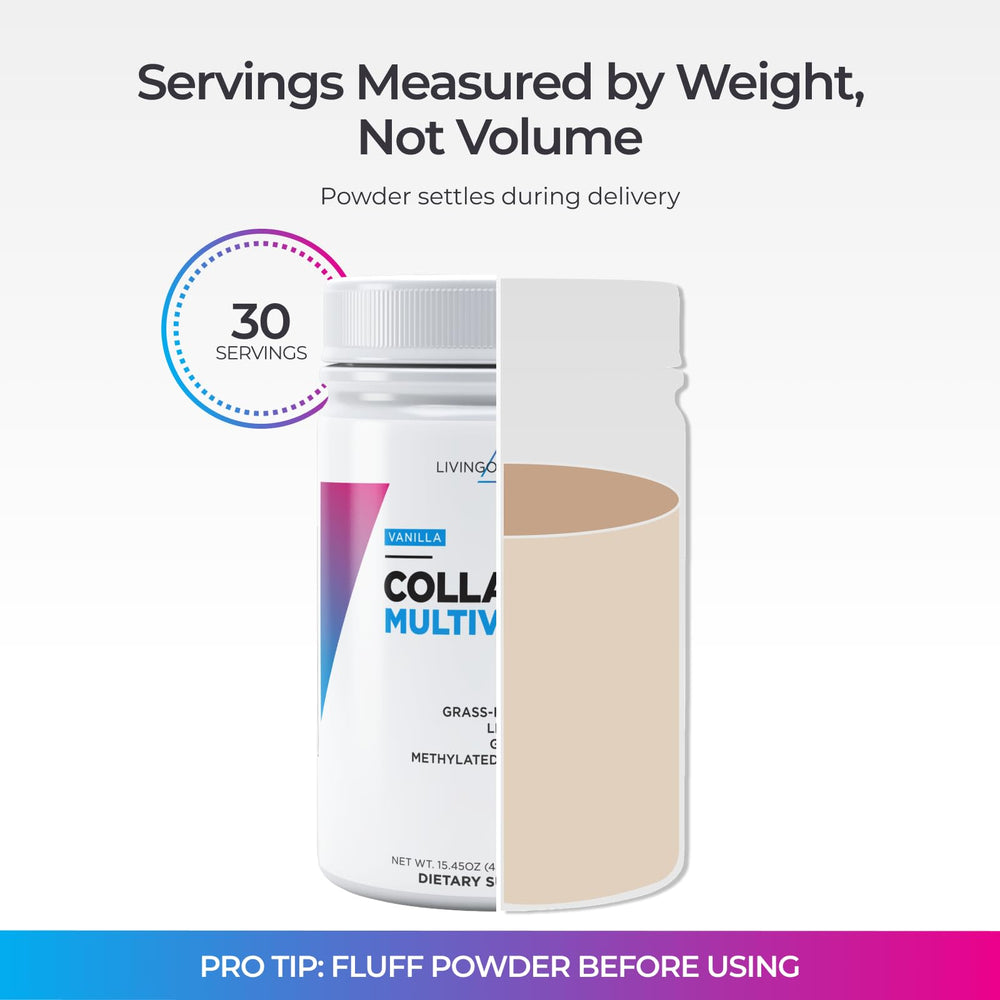 Livingood Daily collagen powder bottle showing multivitamin blend on kitchen counter