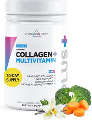 Livingood Daily vanilla collagen powder tub ready for a morning coffee ritual to support skin and hair