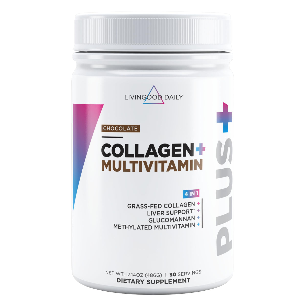 Livingood Daily collagen tub front showing grass-fed peptides for daily wellness.