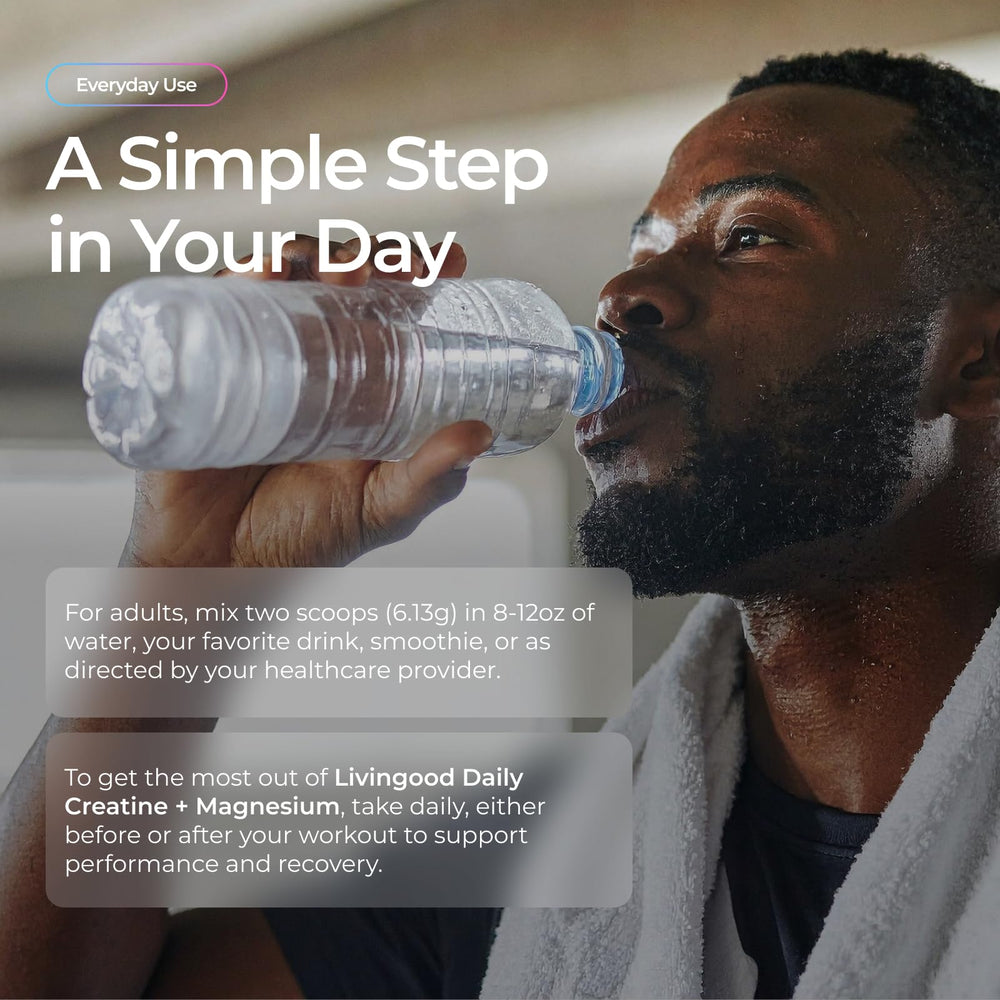 Livingood Daily Creatine + Magnesium powder in a glass of water