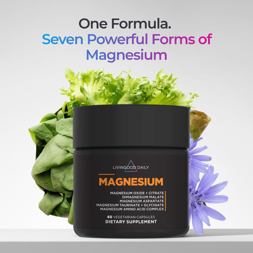 Livingood Daily magnesium capsules closeup showing easy-to-swallow capsules.