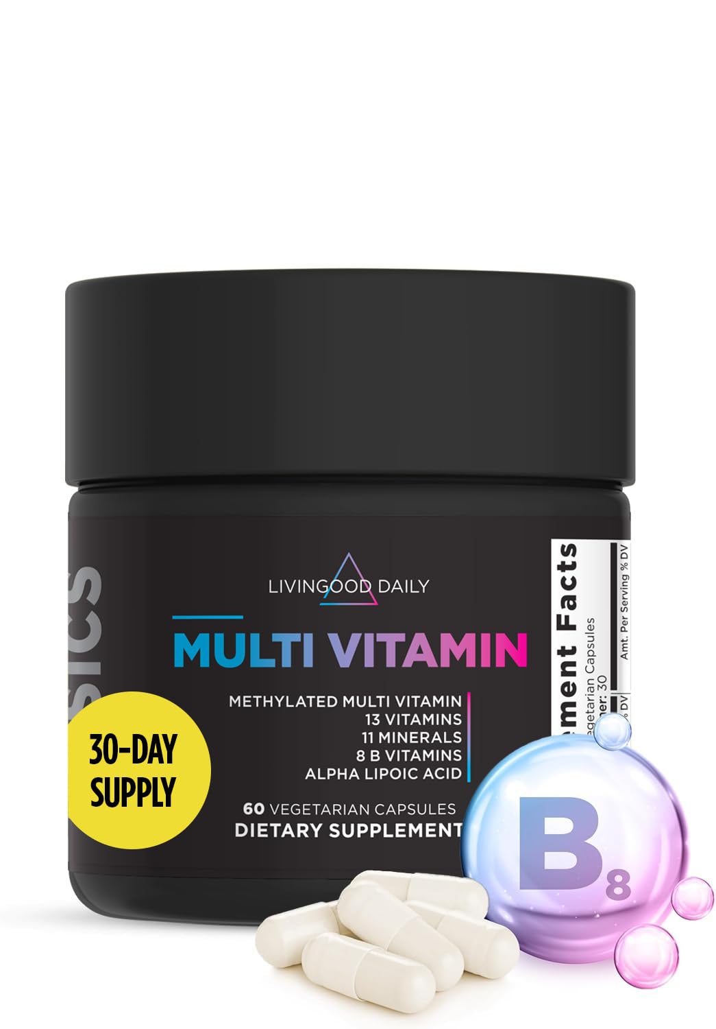 Livingood Daily methylated multivitamin bottle front showing daily energy support.