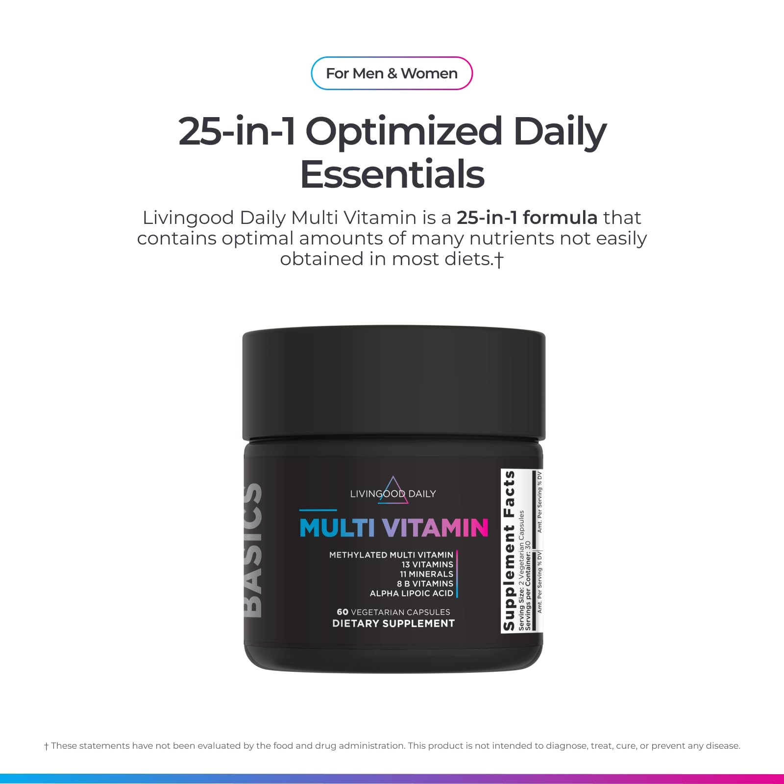 Livingood Daily methylated multivitamin capsules closeup with easy two-capsule dosage.