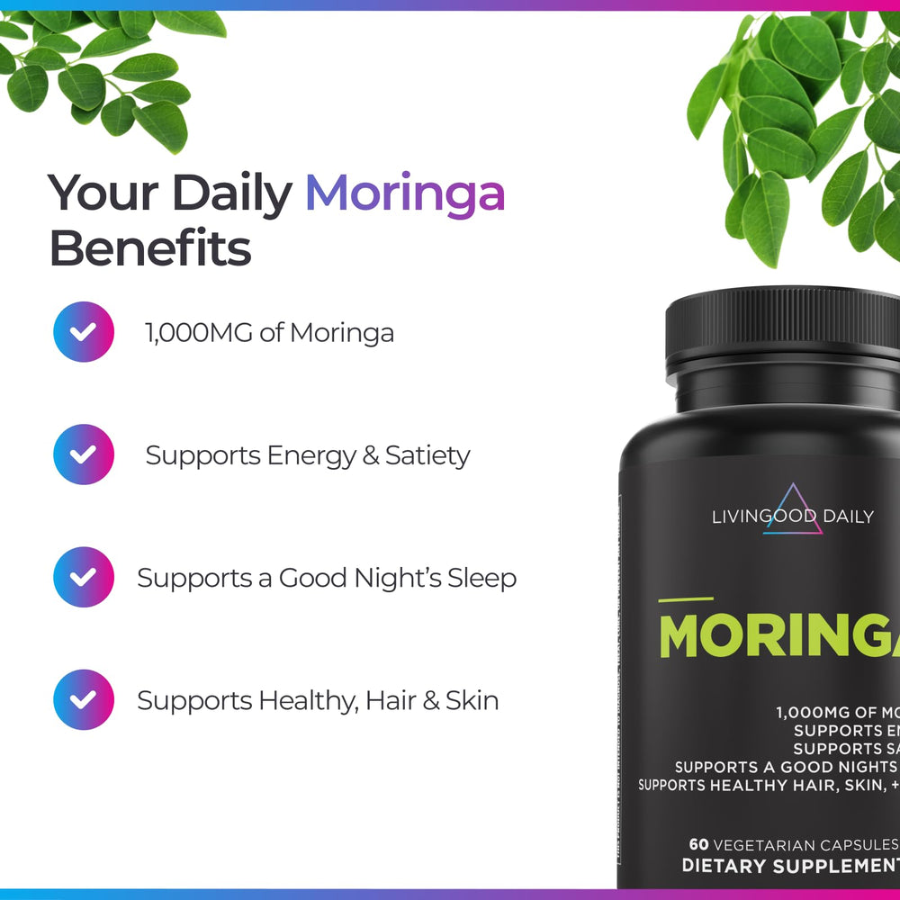 Livingood Daily Moringa capsules packaging box showing vegan gluten-free promise