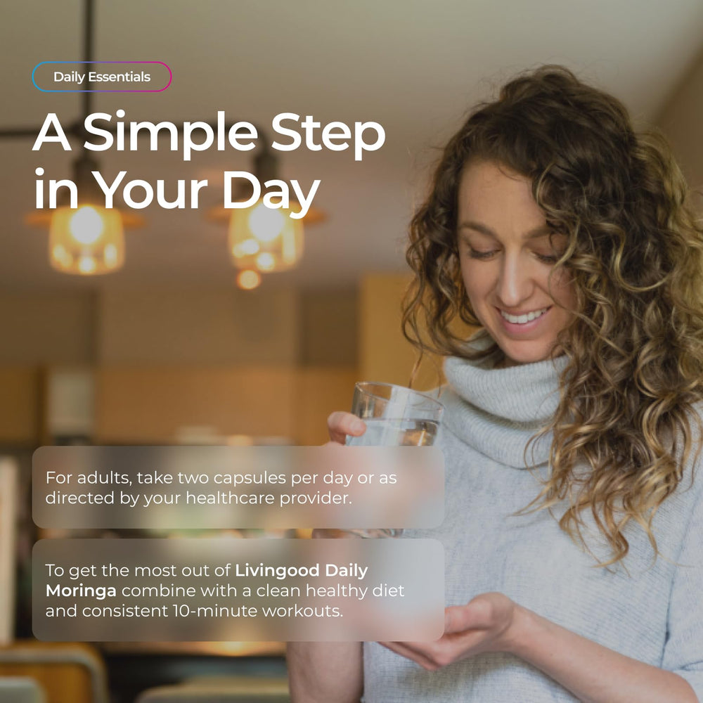 Livingood Daily Moringa leaf powder close-up emphasizing antioxidants