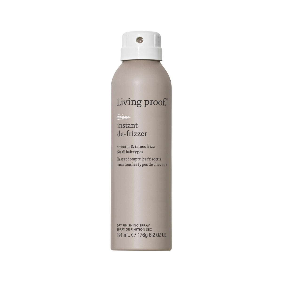 Living Proof No Frizz Instant De-Frizzer bottle close-up showing a conditioning spray that tames frizz
