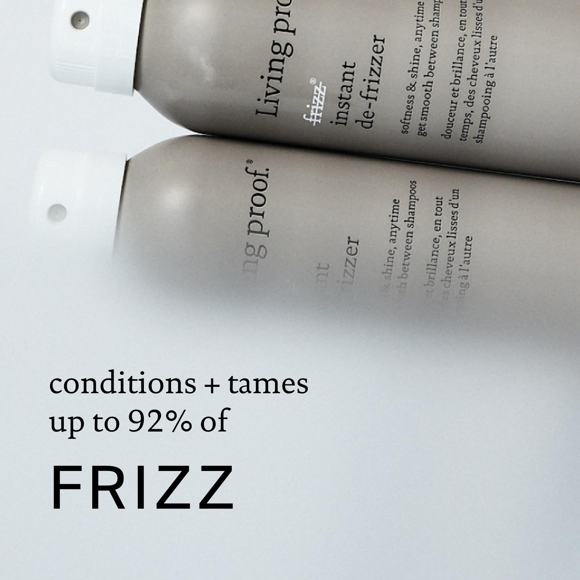 Living Proof No Frizz Instant De-Frizzer spray on hair demonstrates quick frizz control and shine