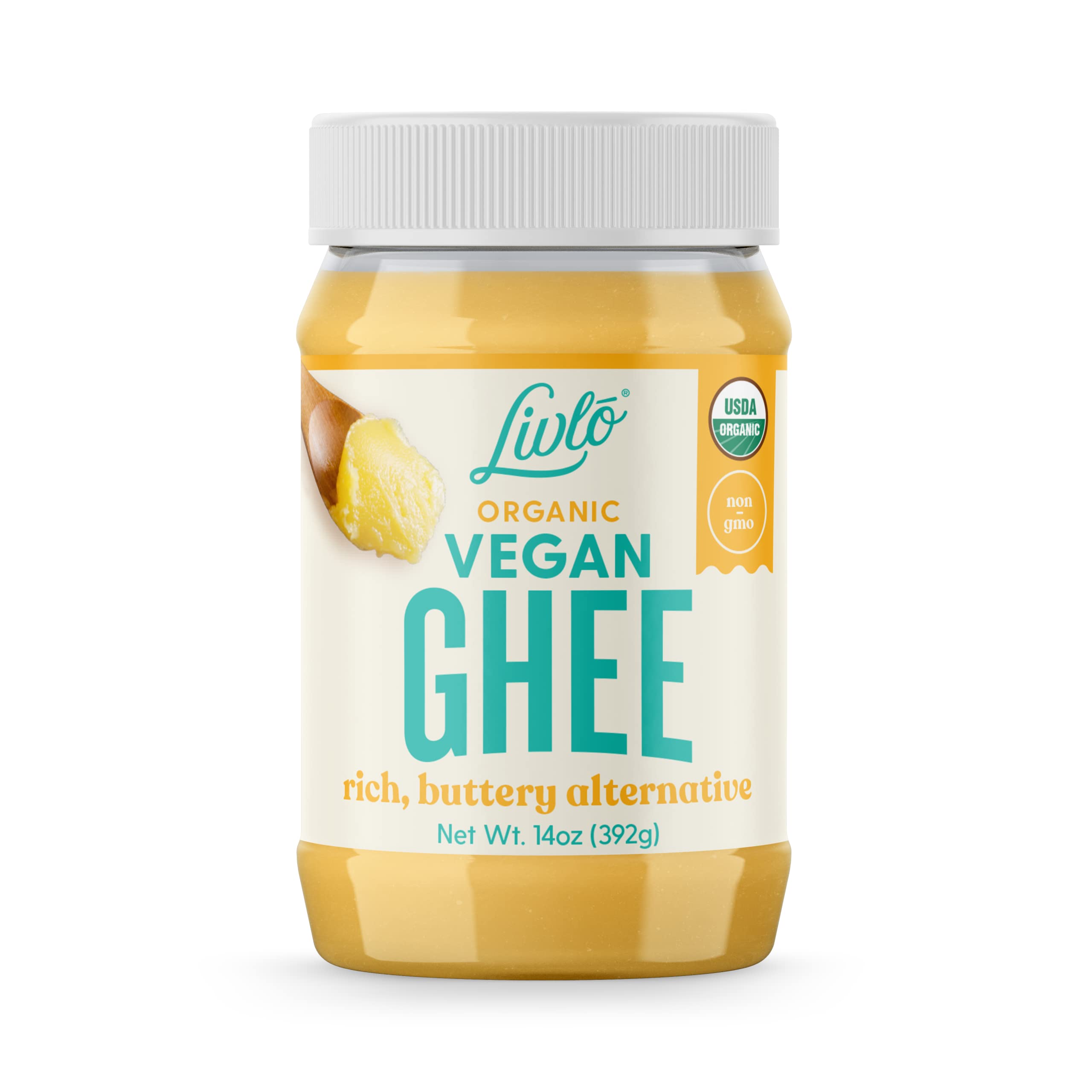 Livlo vegan ghee jar on shelf; shelf-stable dairy-free indulgence.