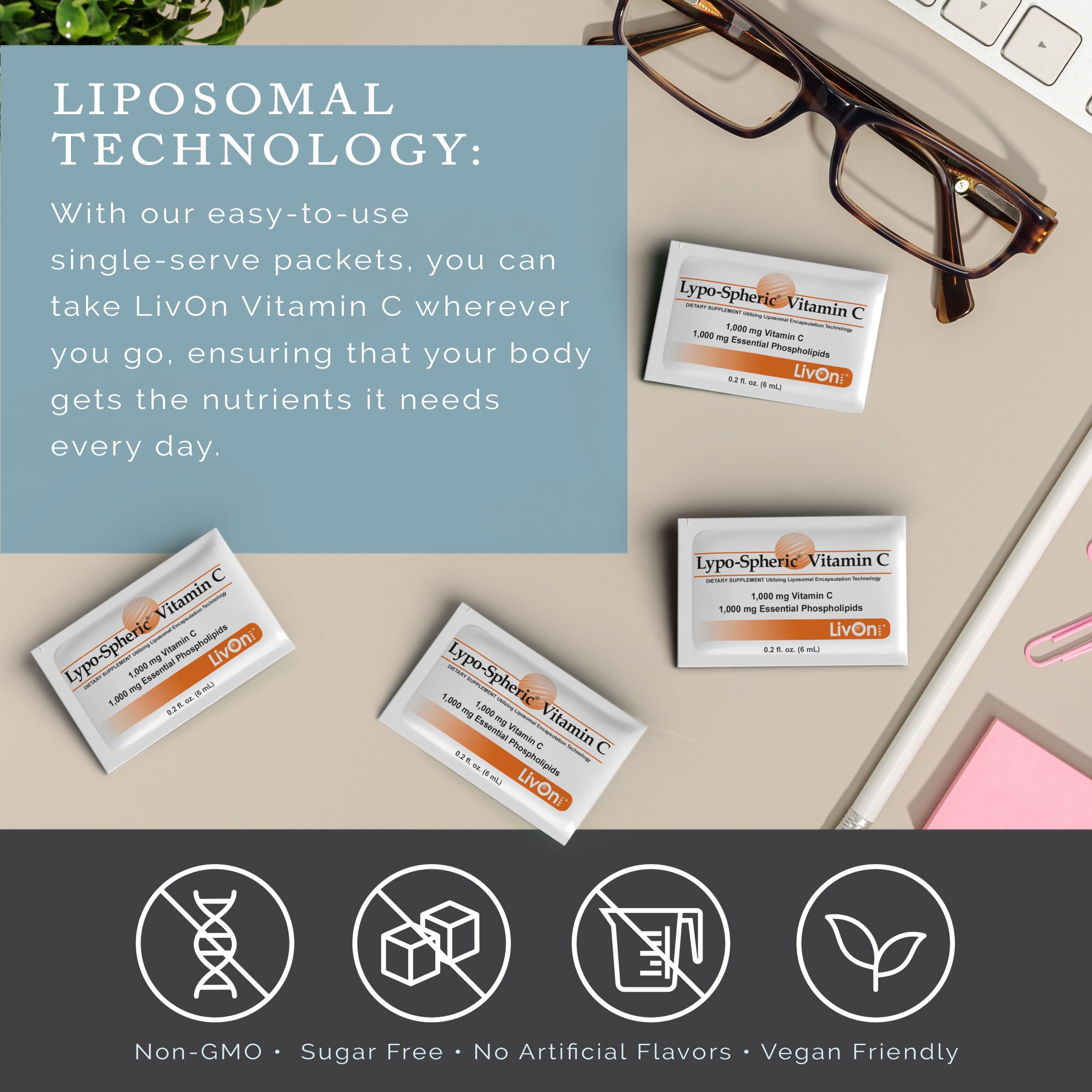 LivOn Liposomal Vitamin C 1000mg glass image emphasizes convenient daily use.