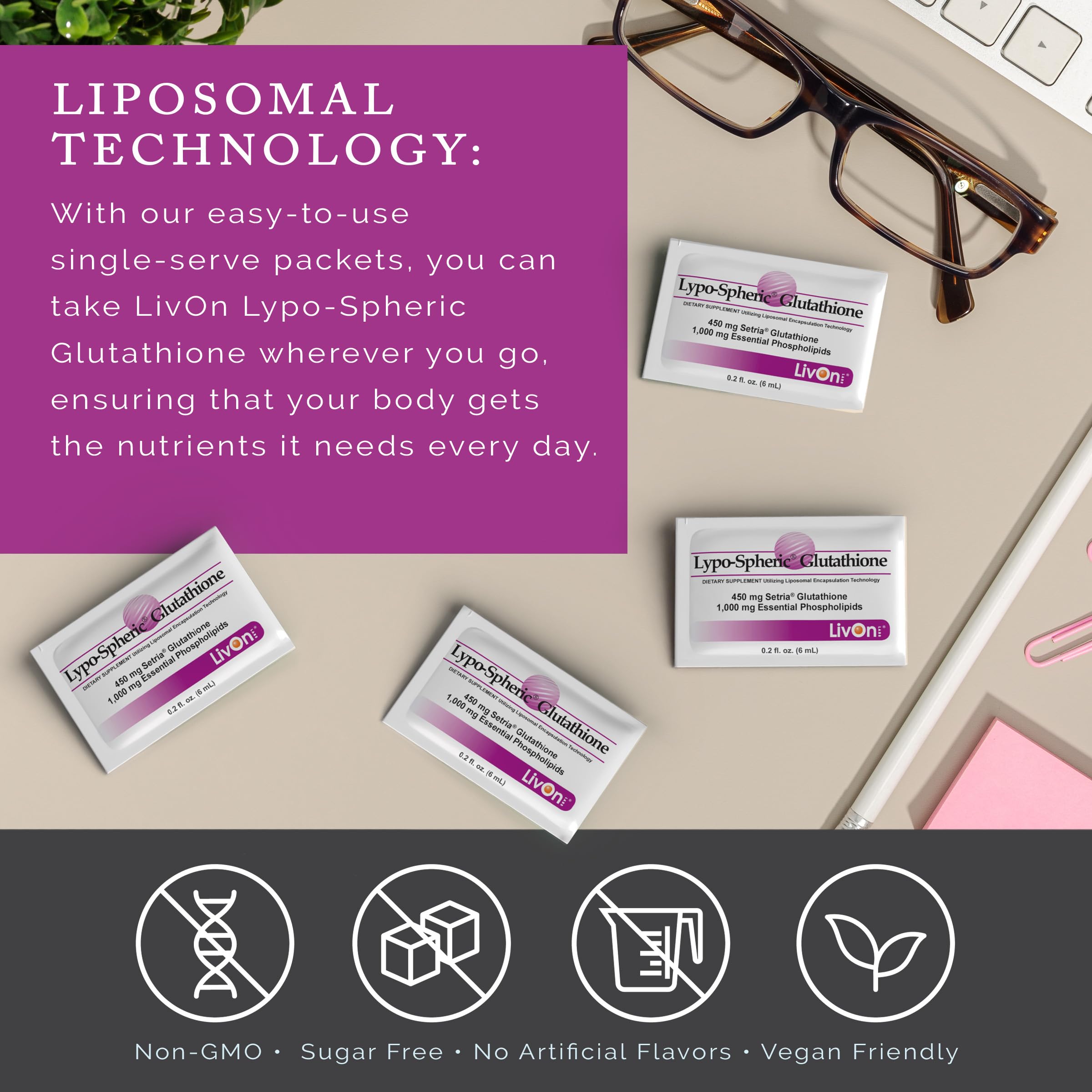 LivOn Lypo-Spheric Glutathione bottle drop for easy, mess-free dosing