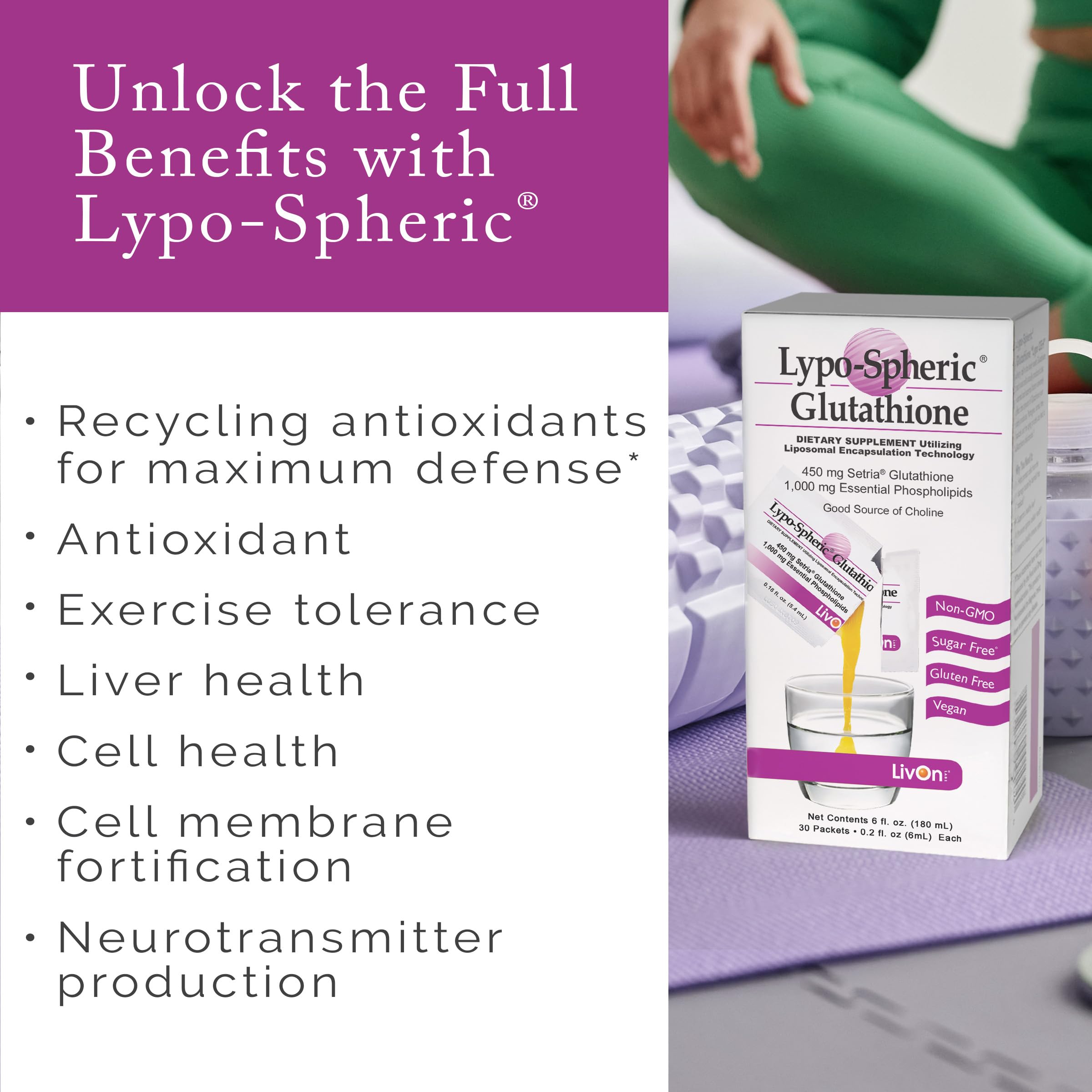 LivOn Lypo-Spheric Glutathione serving in water for quick consumption