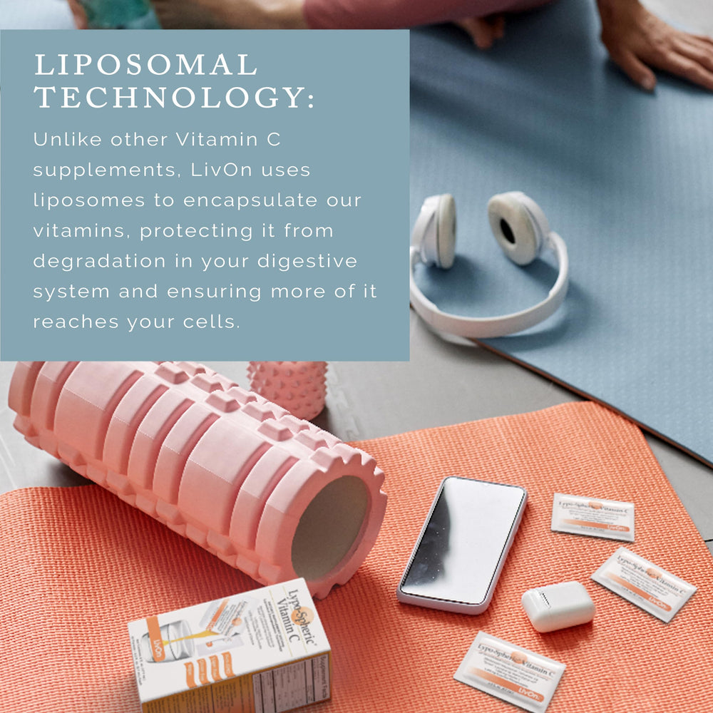 LivOn Lypo-Spheric Vitamin C bottle pour image highlights convenient high-potency supplementation