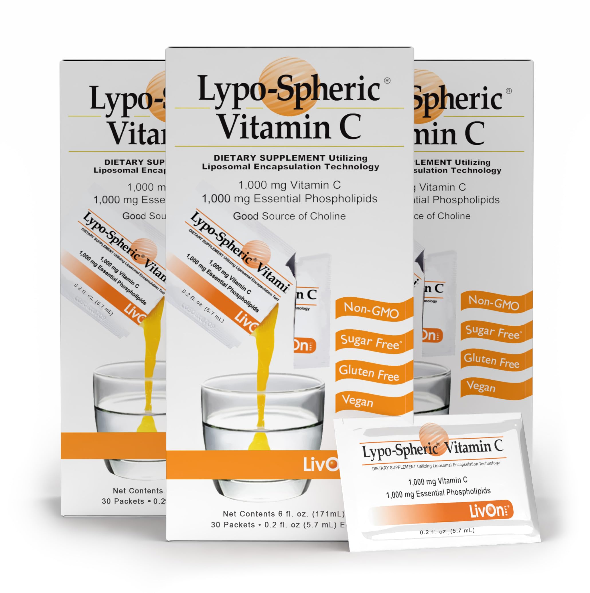 LivOn Lypo-Spheric Vitamin C bundle of 3 cartons shows enhanced absorption potential.