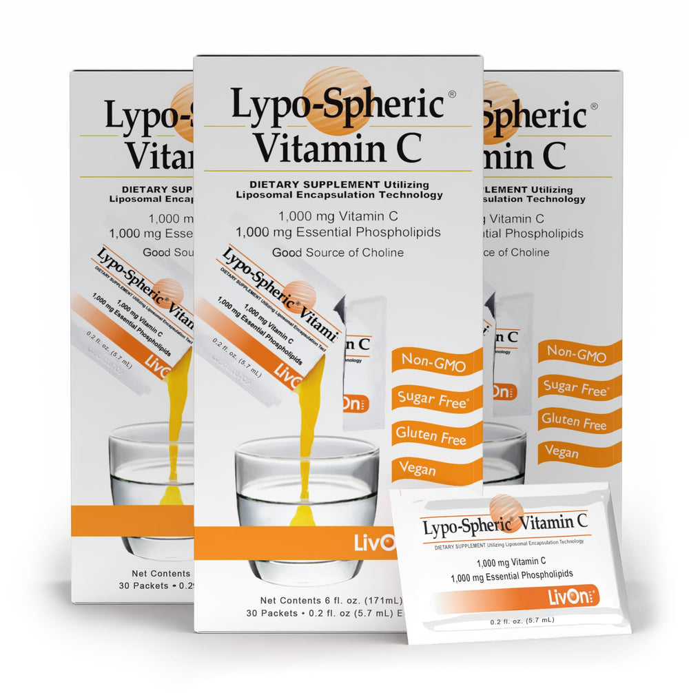 LivOn Lypo-Spheric Vitamin C bundle of 3 cartons shows enhanced absorption potential.