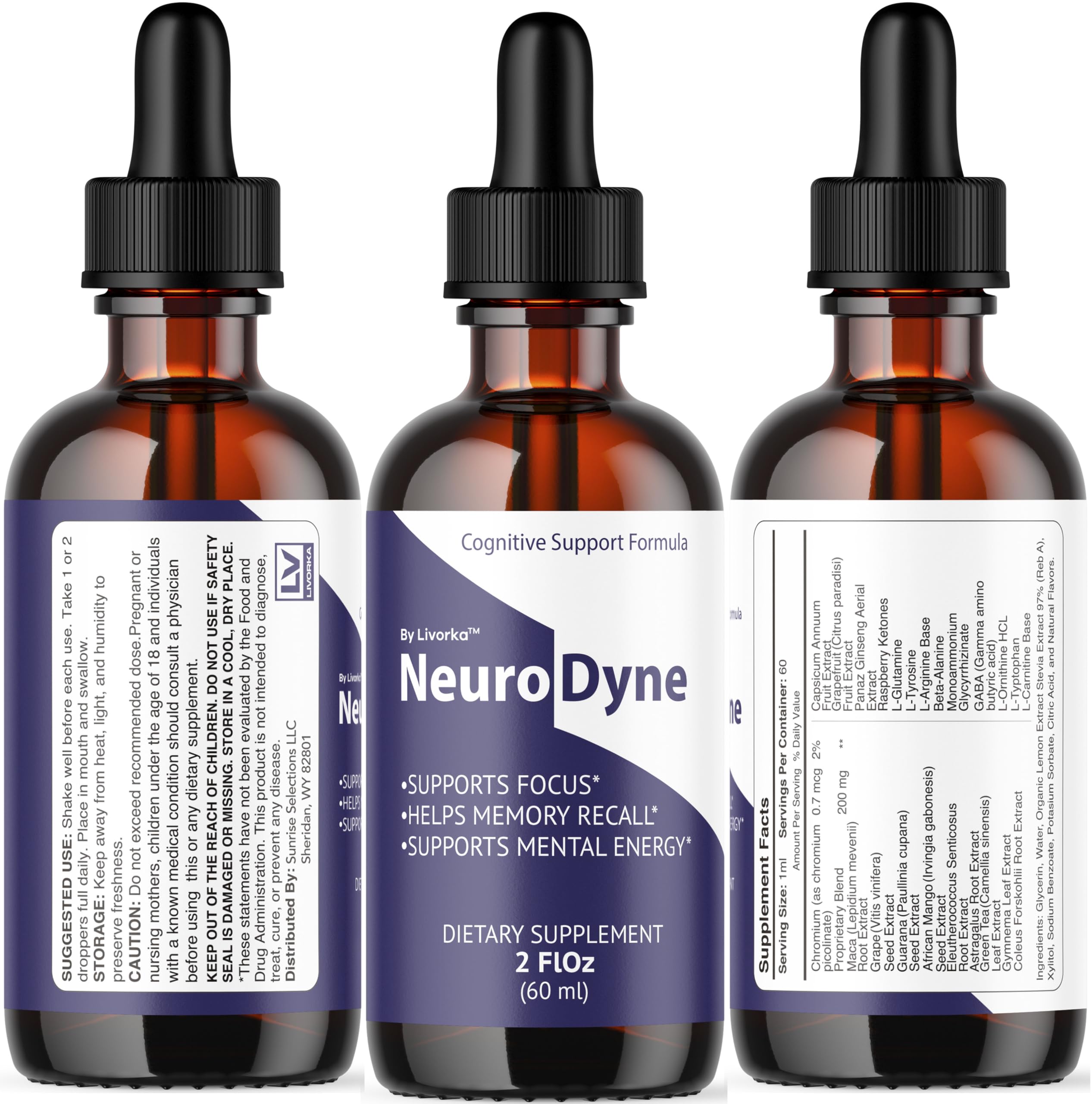 LIVORKA NeuroDyne Drops close-up reveals liquid texture and drops.