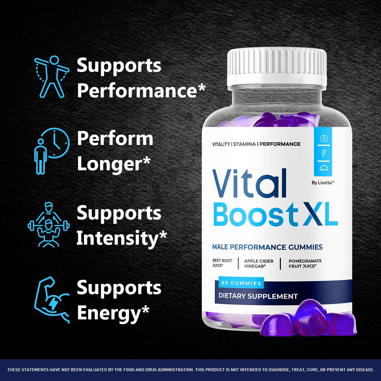 Close-up of LIVORKA Vital Boost XL Gummies with natural ingredients
