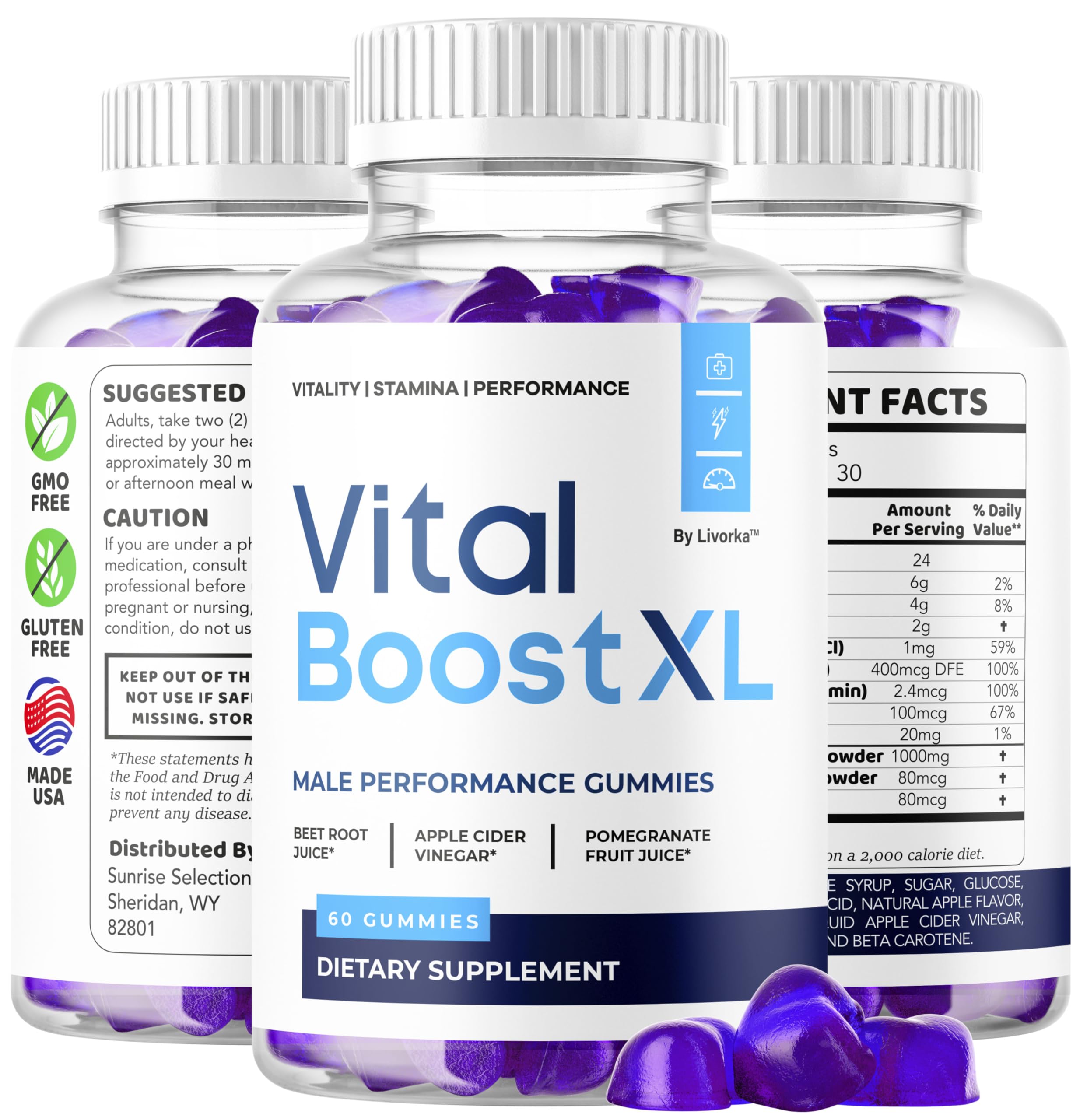LIVORKA Vital Boost XL Gummies label design emphasizing quality