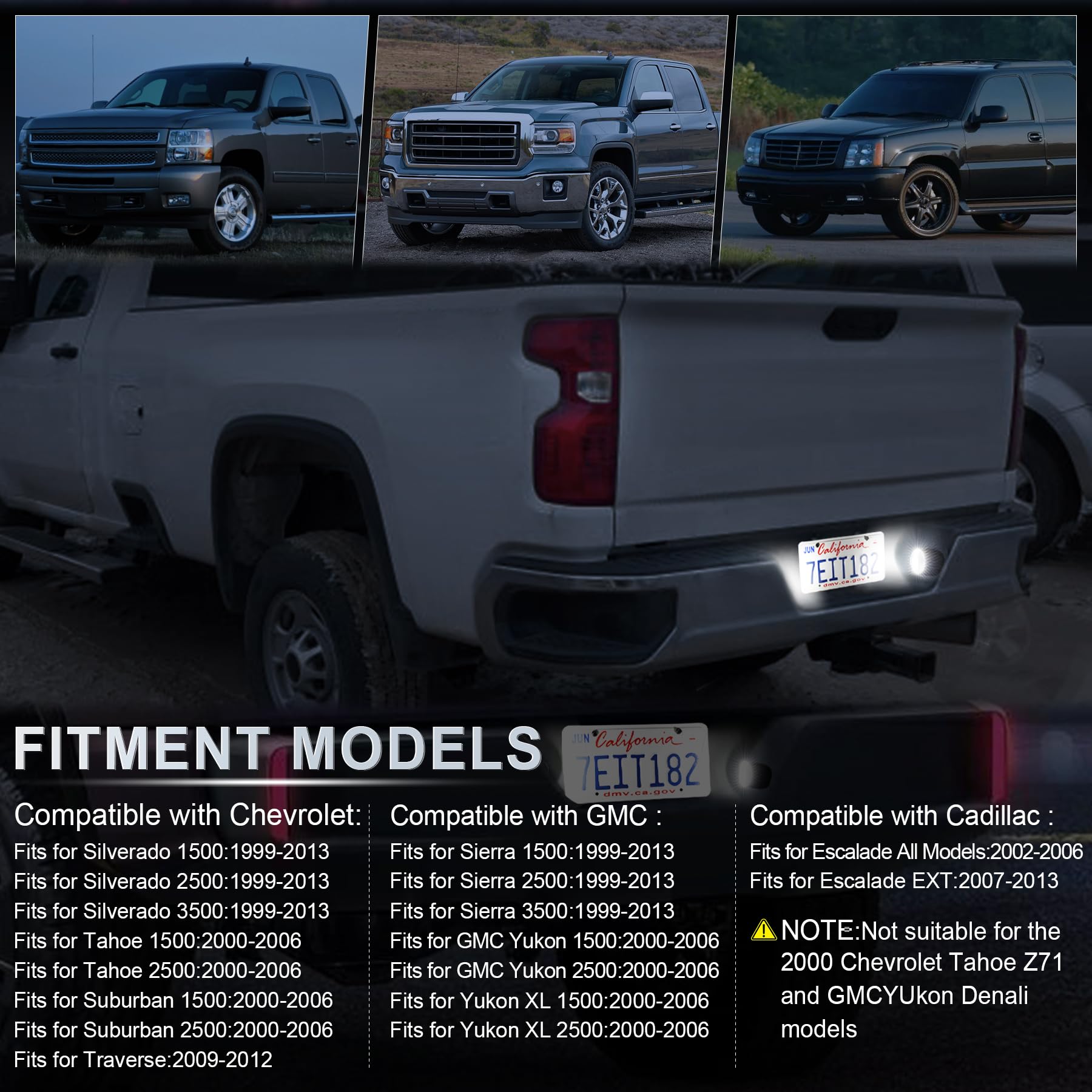 LivTee license plate light compatibility across Silverado, Suburban, Tahoe, Sierra, Yukon, Escalade.